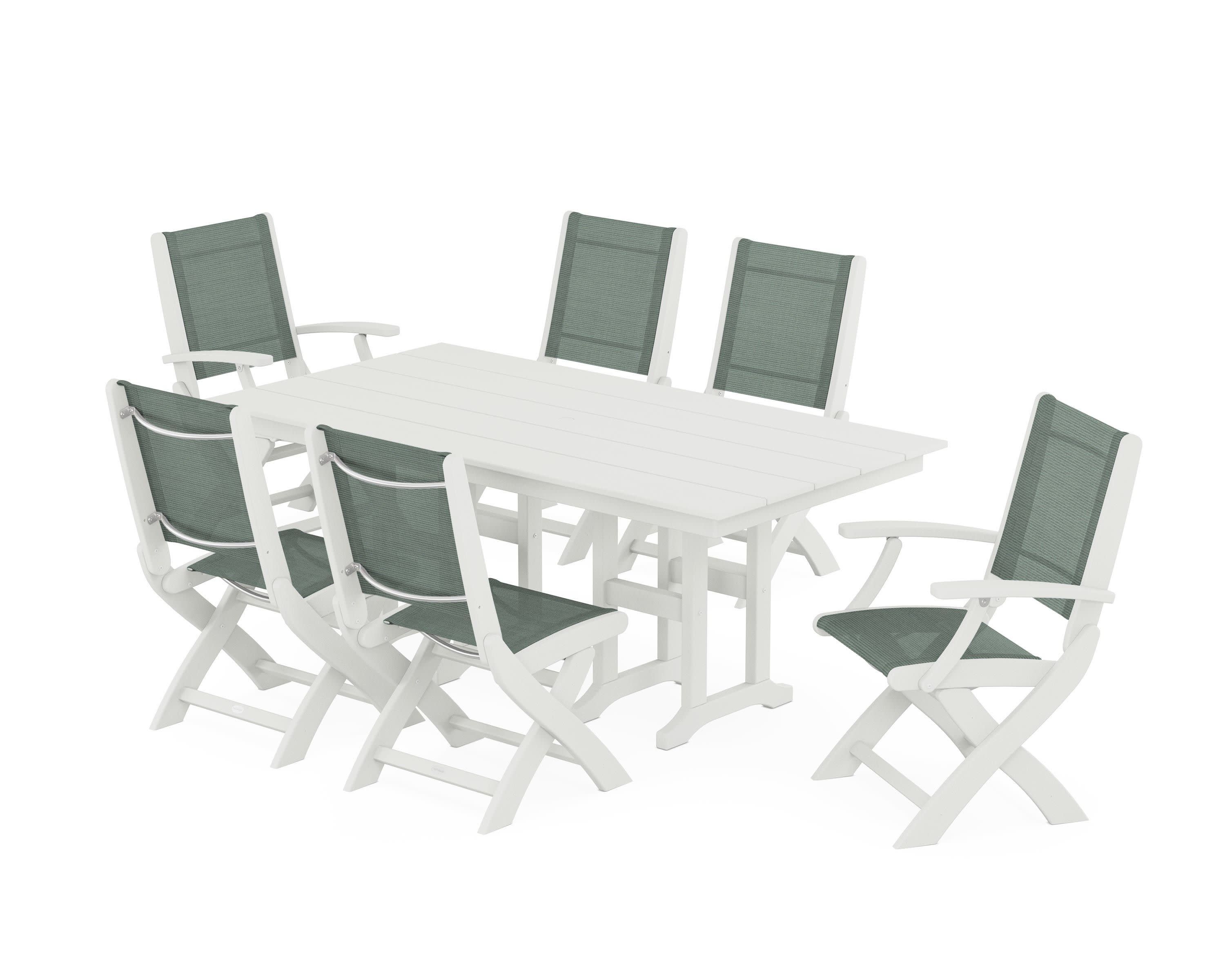 Coastal Folding Chair 7-Piece Farmhouse Dining Set in Vintage White / Dupioni Sea Mist Sling