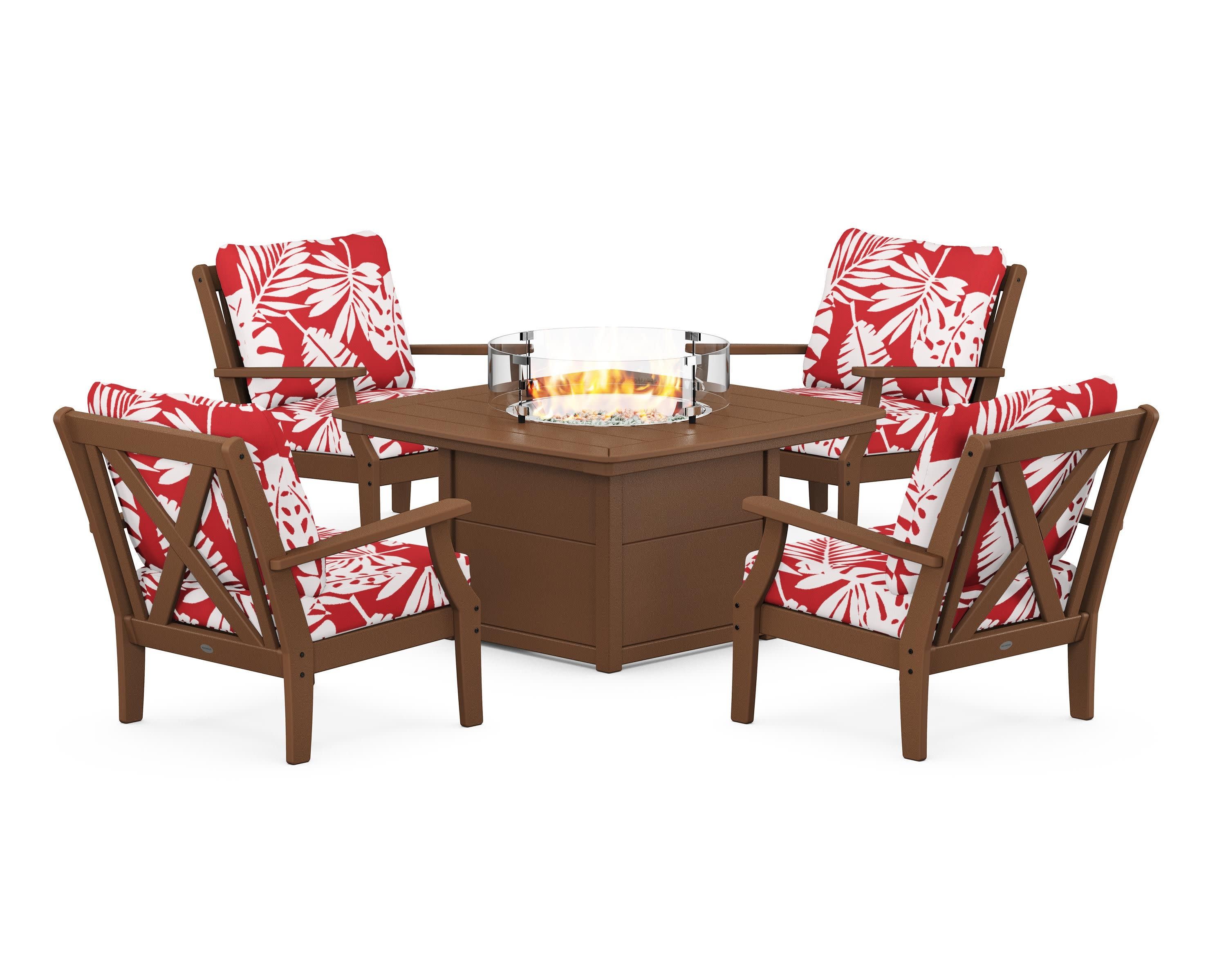 Braxton 5-Piece Deep Seating Conversation Set with Fire Pit Table in Teak / Leaf Crimson