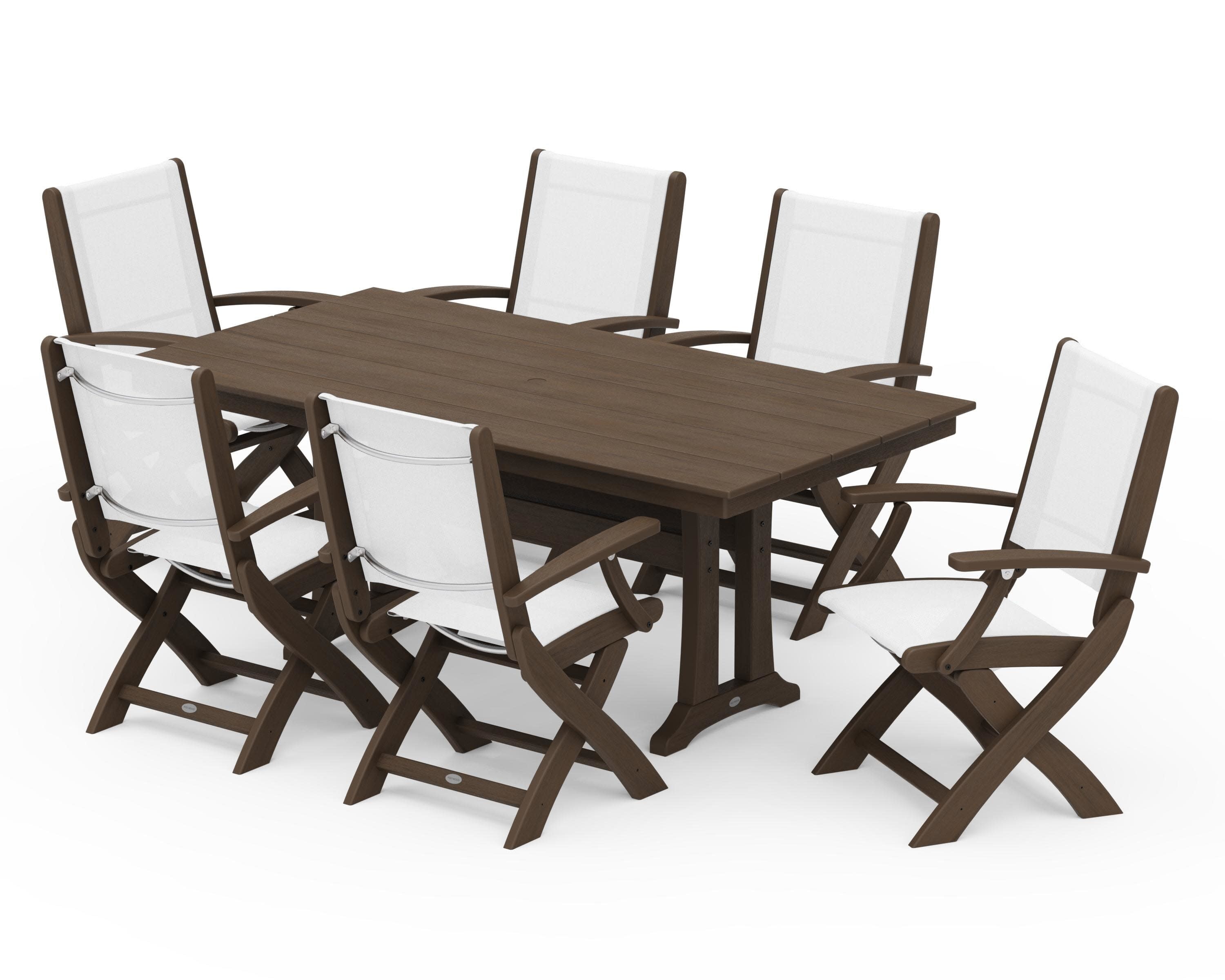 Coastal Folding Arm Chair 7-Piece Farmhouse Dining Set with Trestle Legs in Kona / White Sling