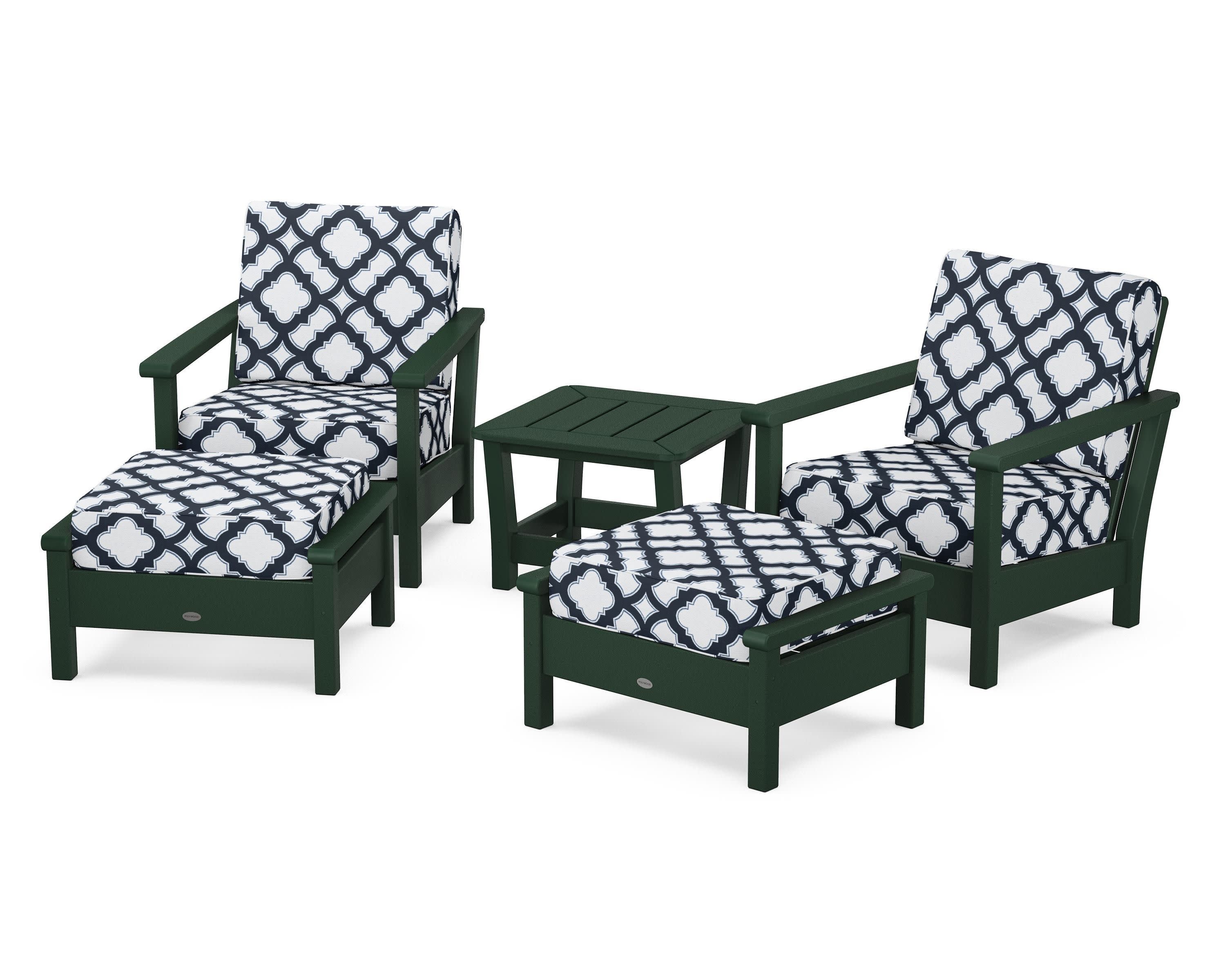 Harbour 5-Piece Deep Seating Chair Set in Green / Trellis Marine Indigo