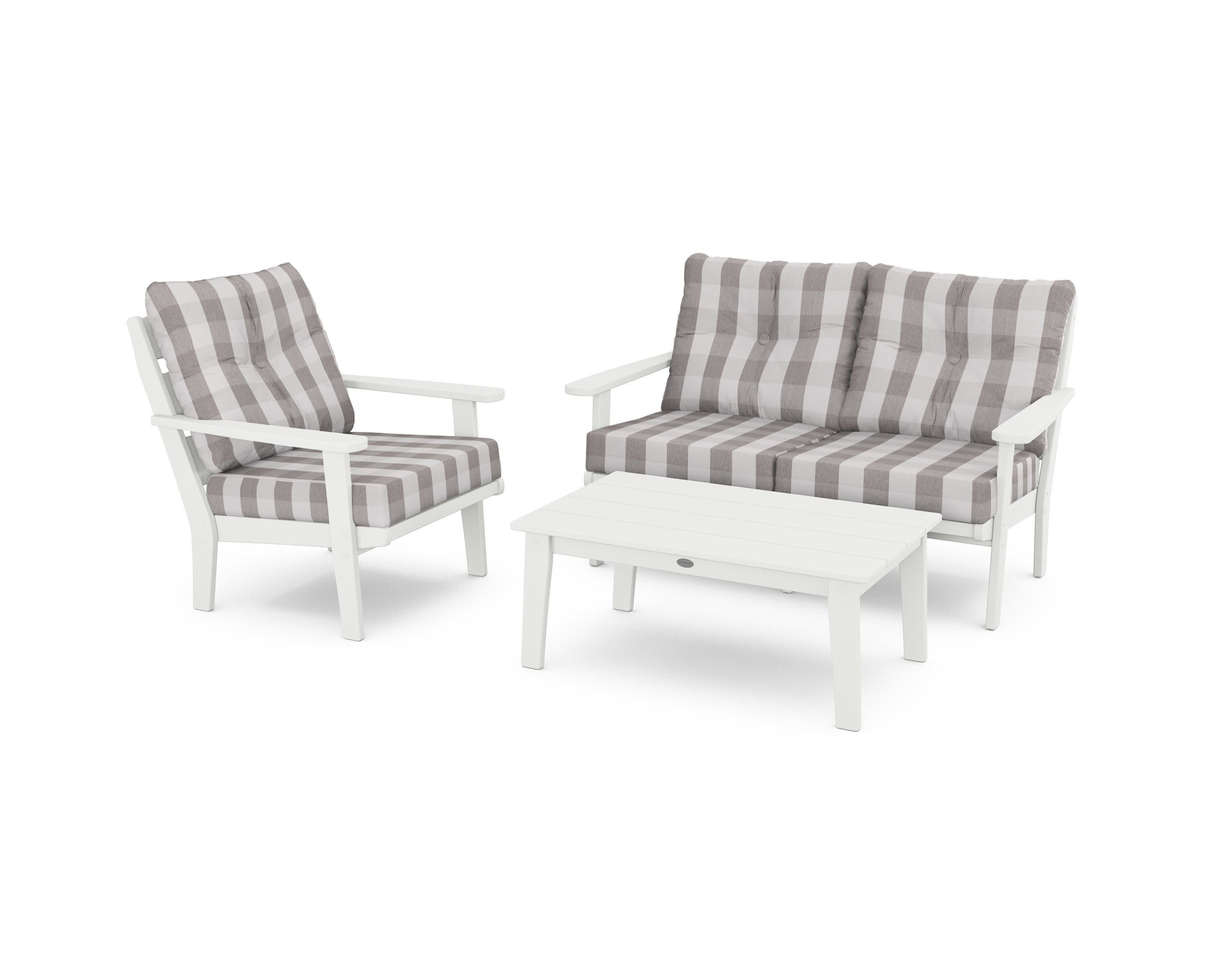 Lakeside 3-Piece Deep Seating Set in Vintage White / Buffalo Plaid Grey Mist