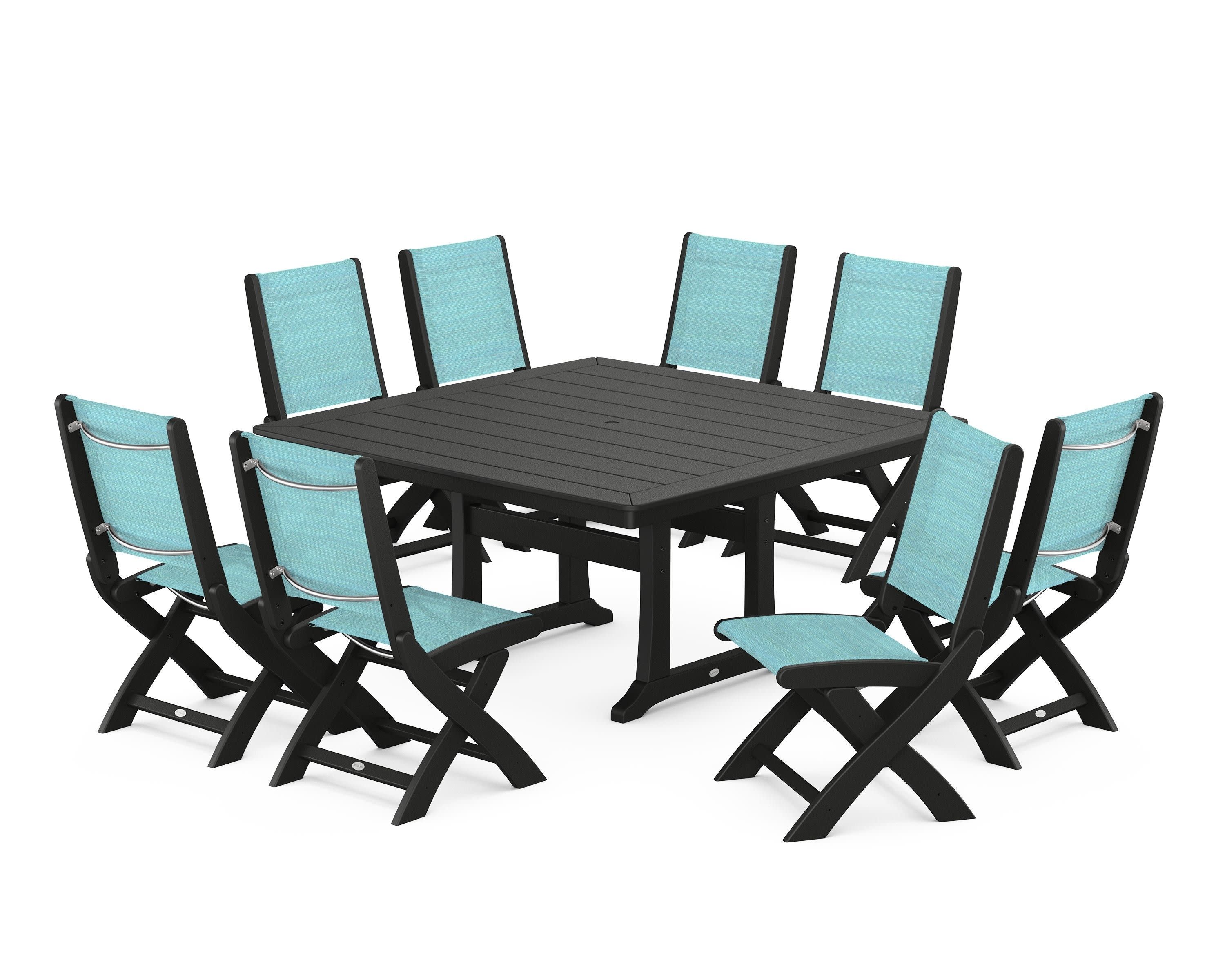 Coastal Folding Side Chair 9-Piece Dining Set with Trestle Legs in Black / Dupioni Aquamarine Sling