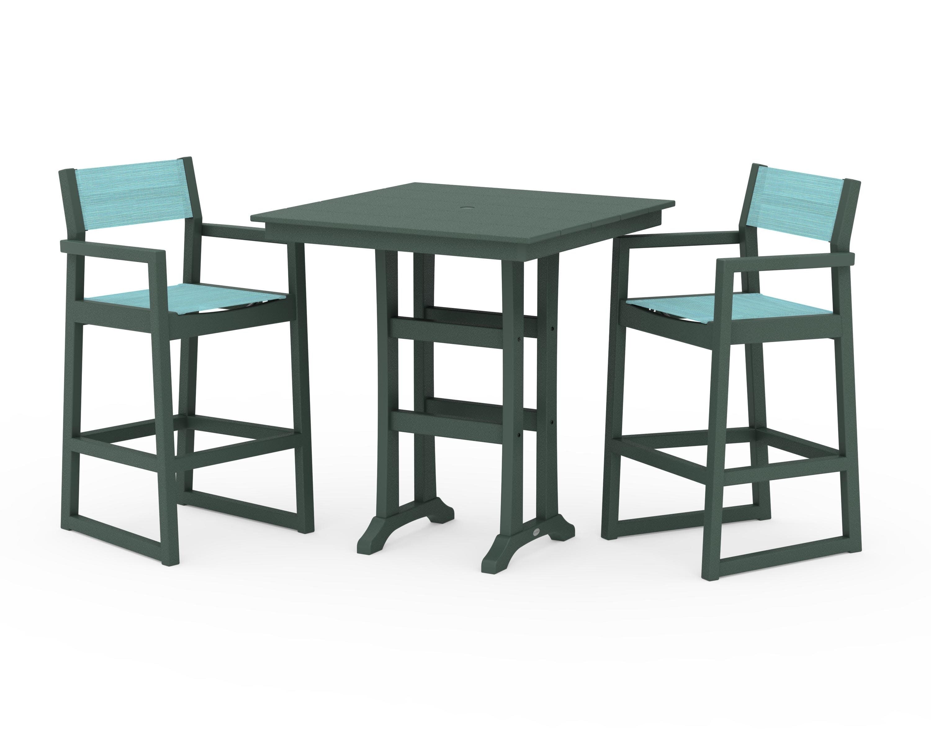 EDGE Sling Arm Chair 3-Piece Farmhouse Bar Set with Trestle Legs in Green / Dupioni Aquamarine Sling