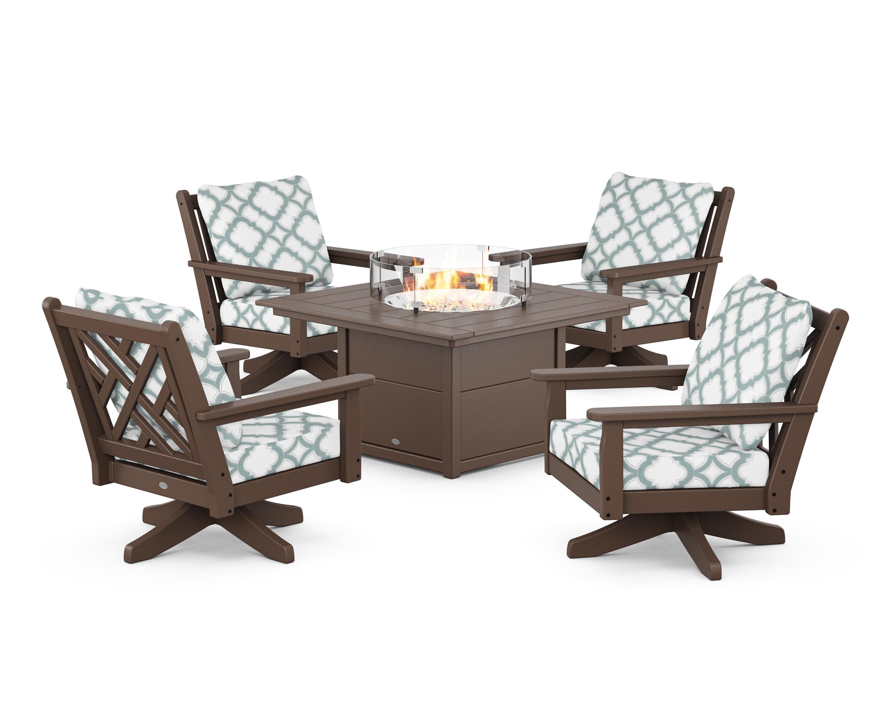 Chippendale 5-Piece Deep Seating Swivel Conversation Set with Fire Pit Table in Mahogany / Trellis Glacier Spa