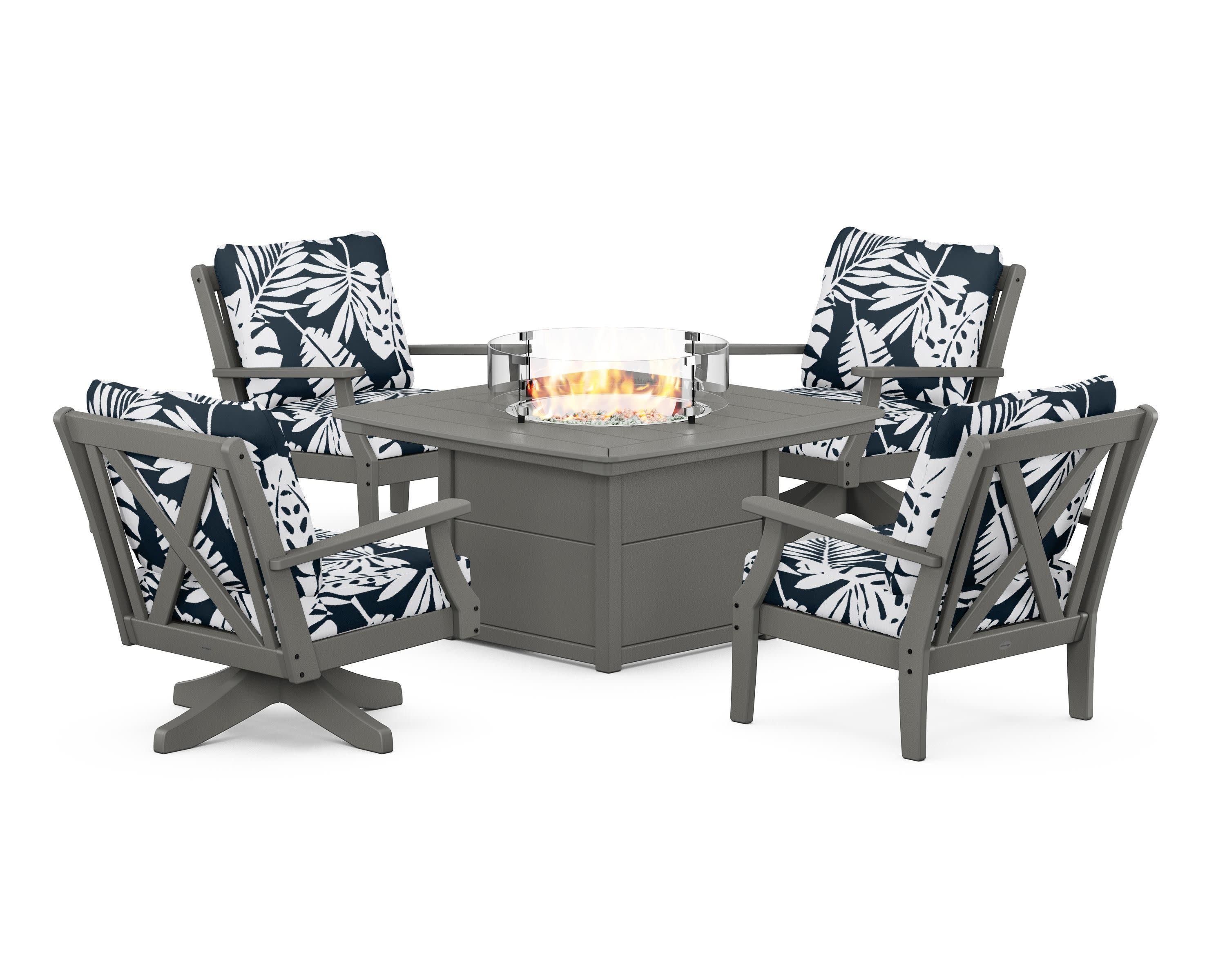 Braxton 5-Piece Deep Seating Set with Fire Table in Slate Grey / Leaf Marine Indigo