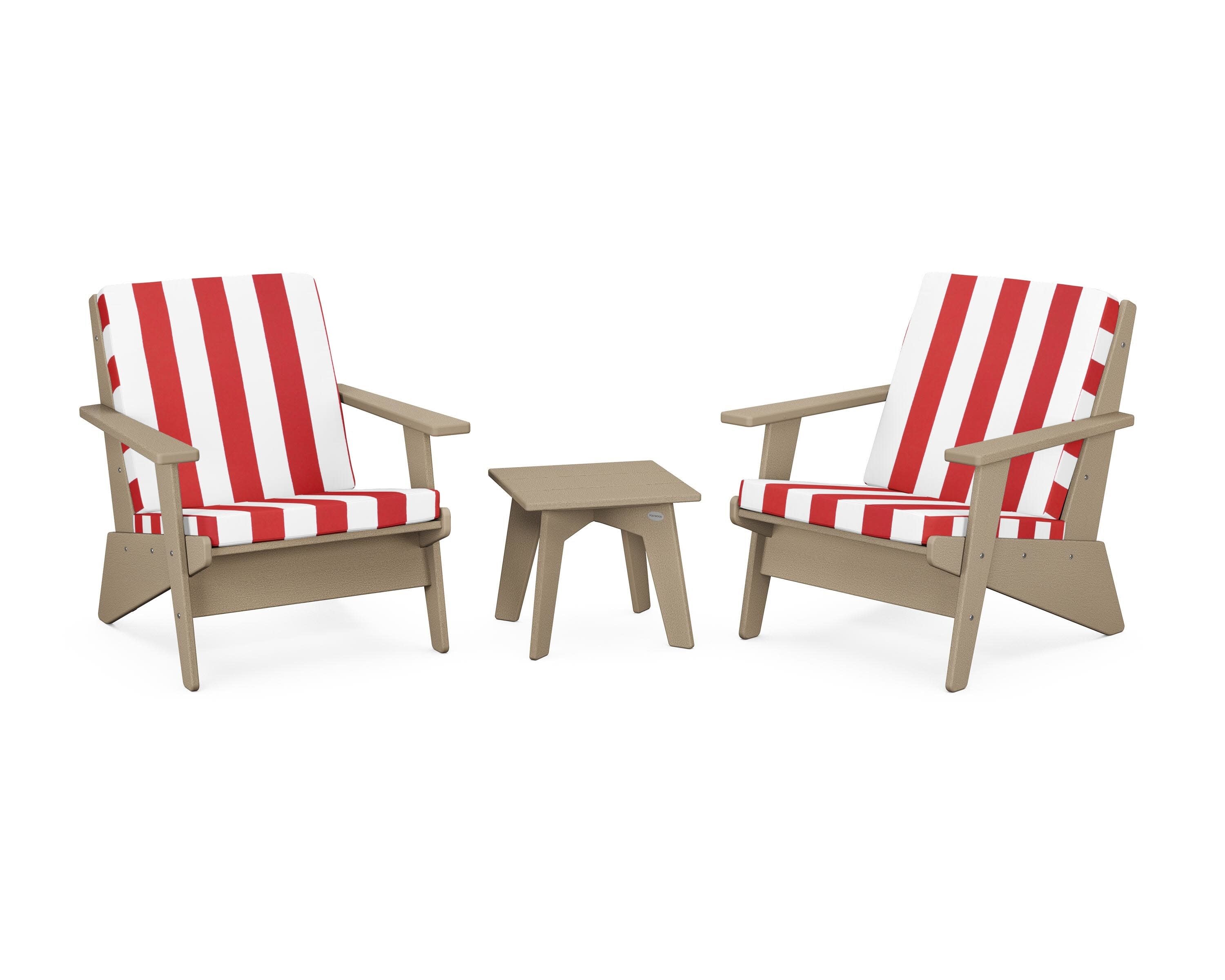 Riviera Modern Lounge 3-Piece Set in Vintage Sahara / Cabana Stripe Crimson