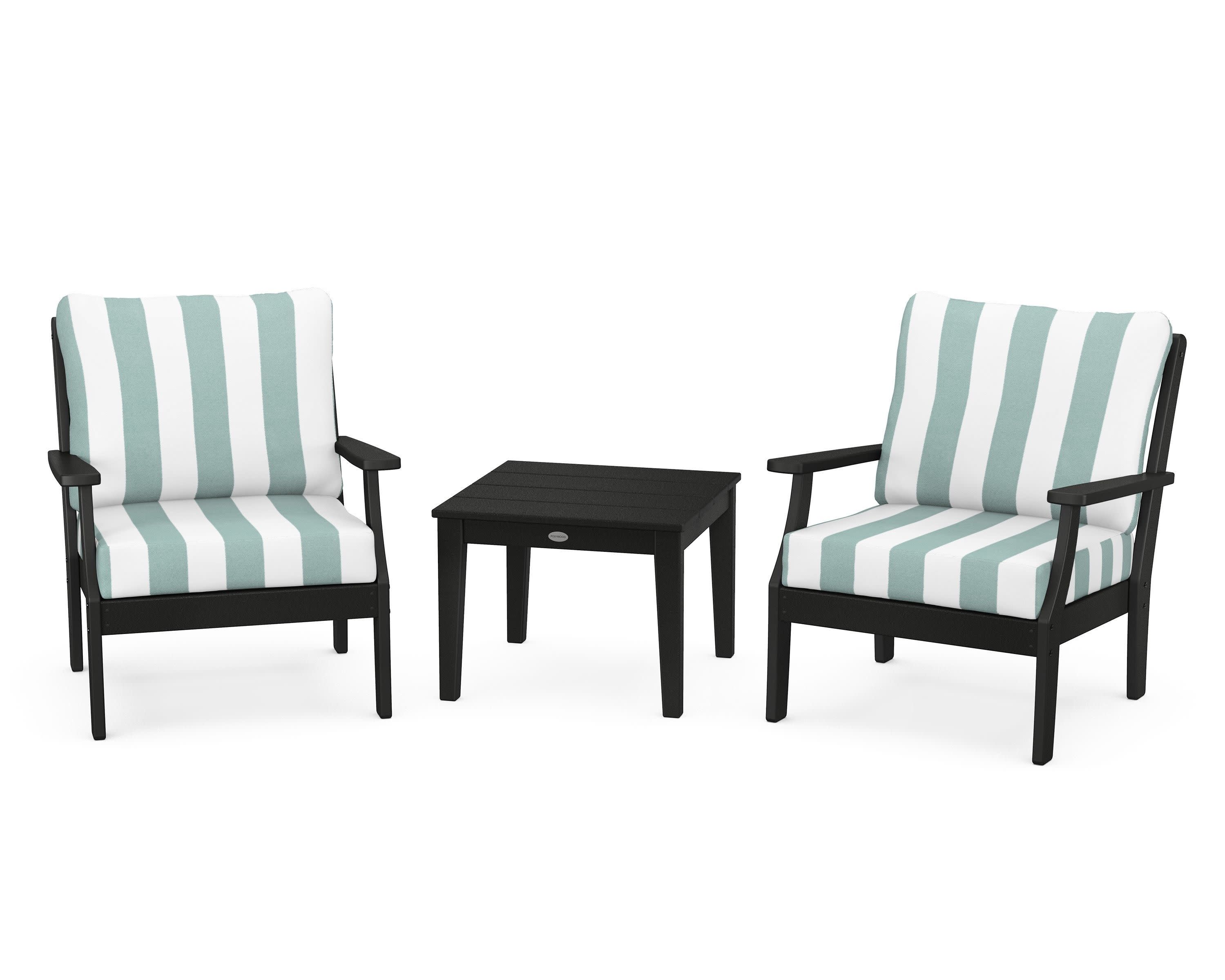 Braxton 3-Piece Deep Seating Set in Black / Cabana Stripe Glacier Spa