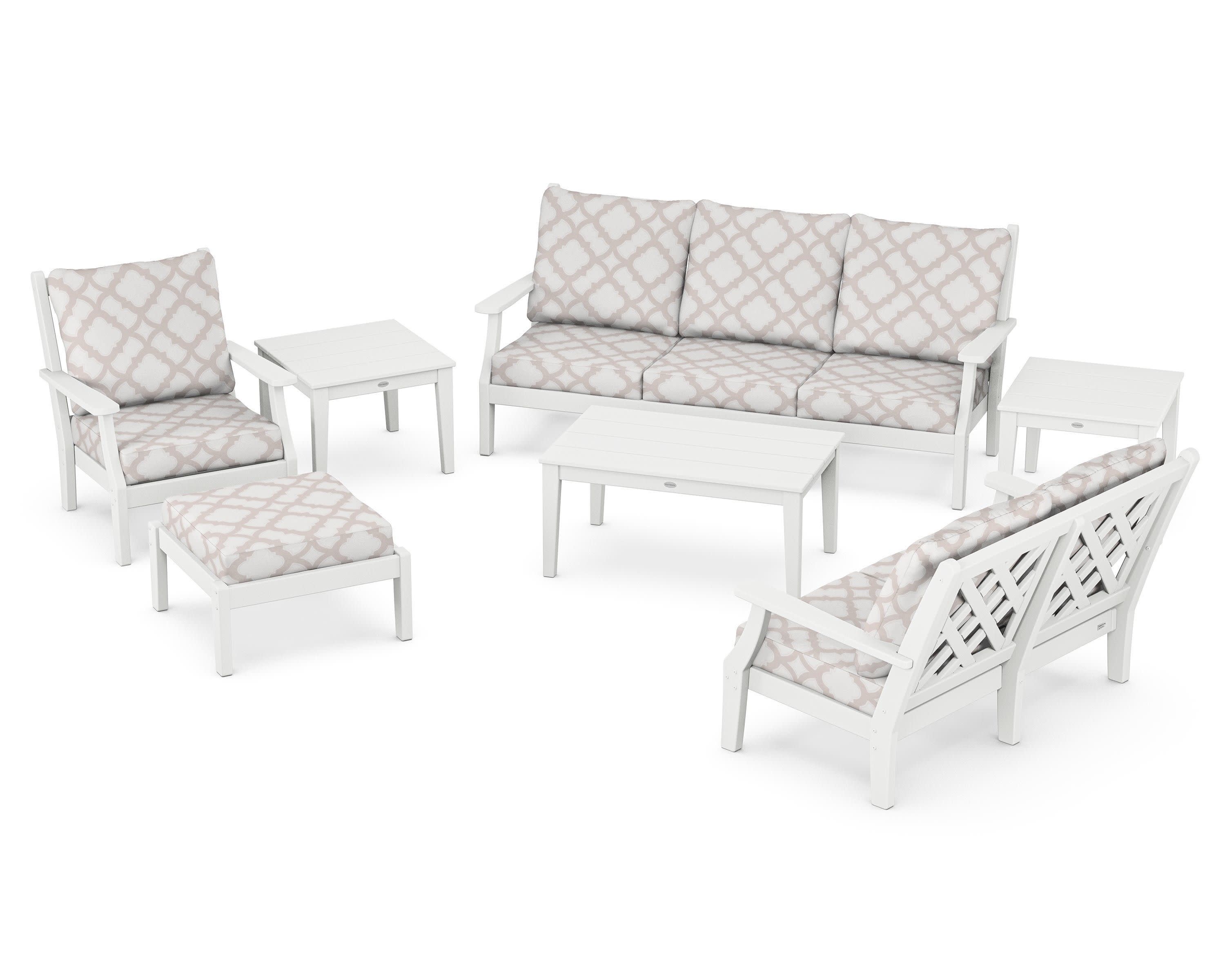 Wovendale 7-Piece Deep Seating Set in White / Trellis Dune Burlap