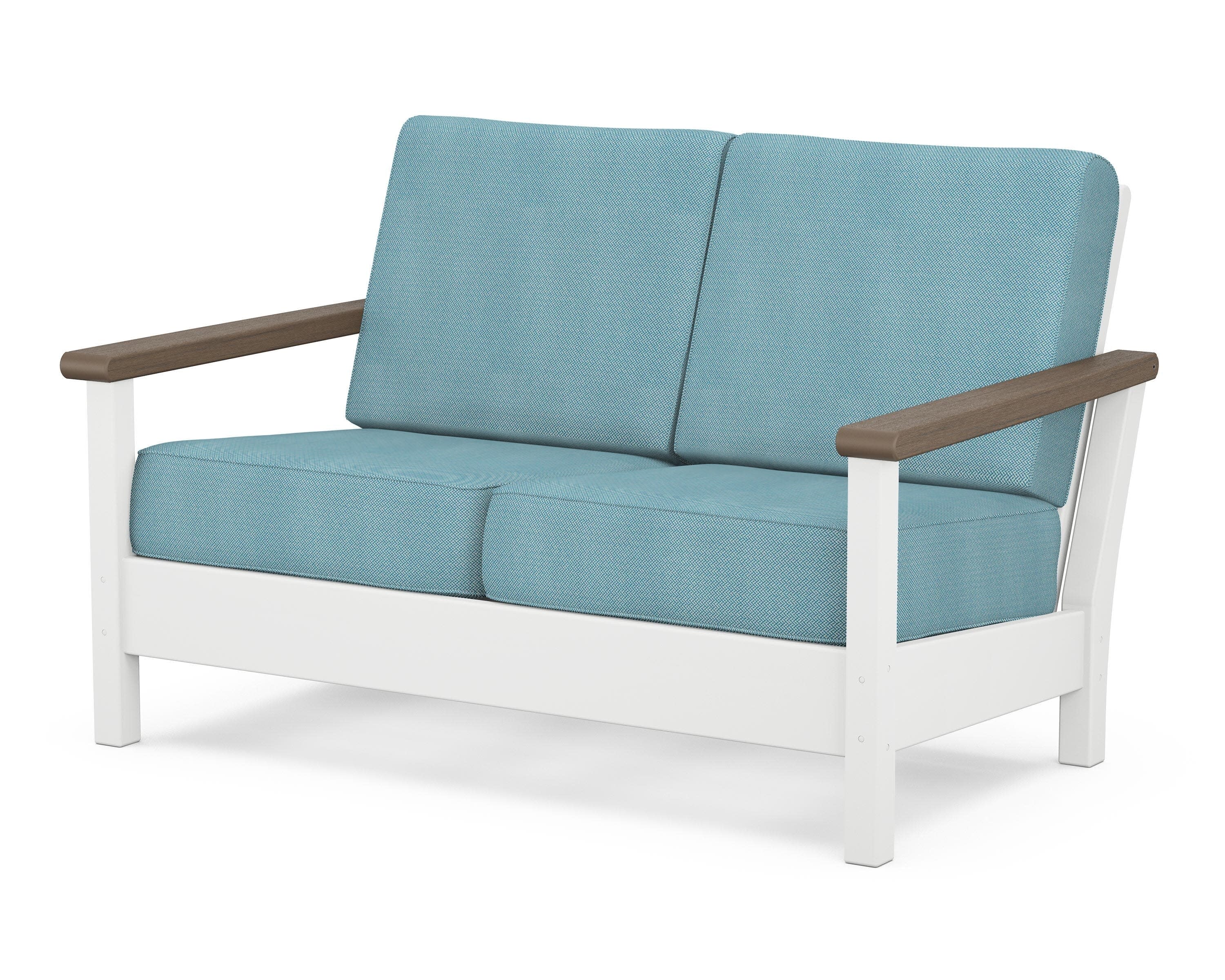 Harbour Deep Seating Loveseat in White / Kona / Lattice Sky Blue