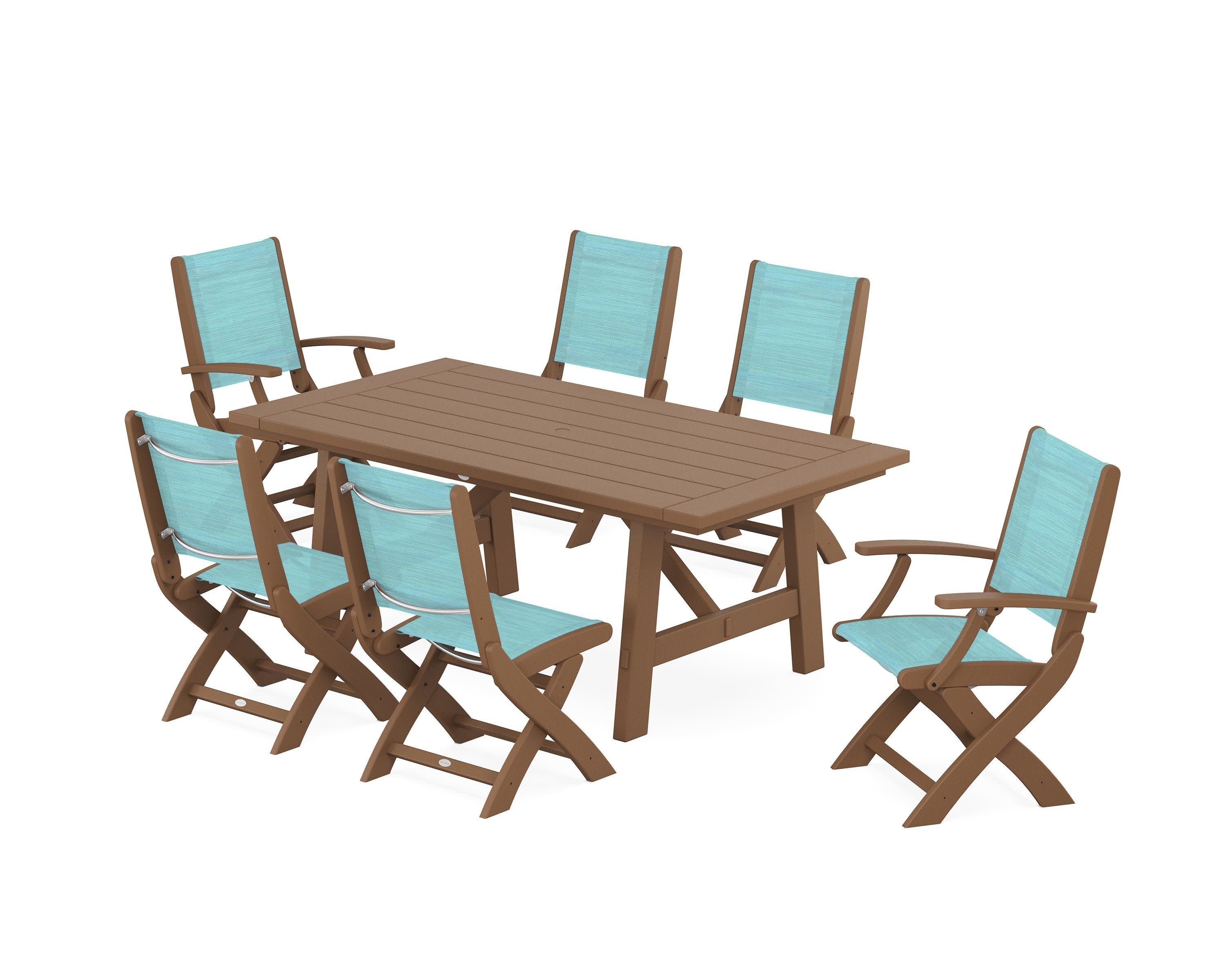 Coastal Folding Chair 7-Piece Rustic Farmhouse Dining Set in Teak / Dupioni Aquamarine Sling