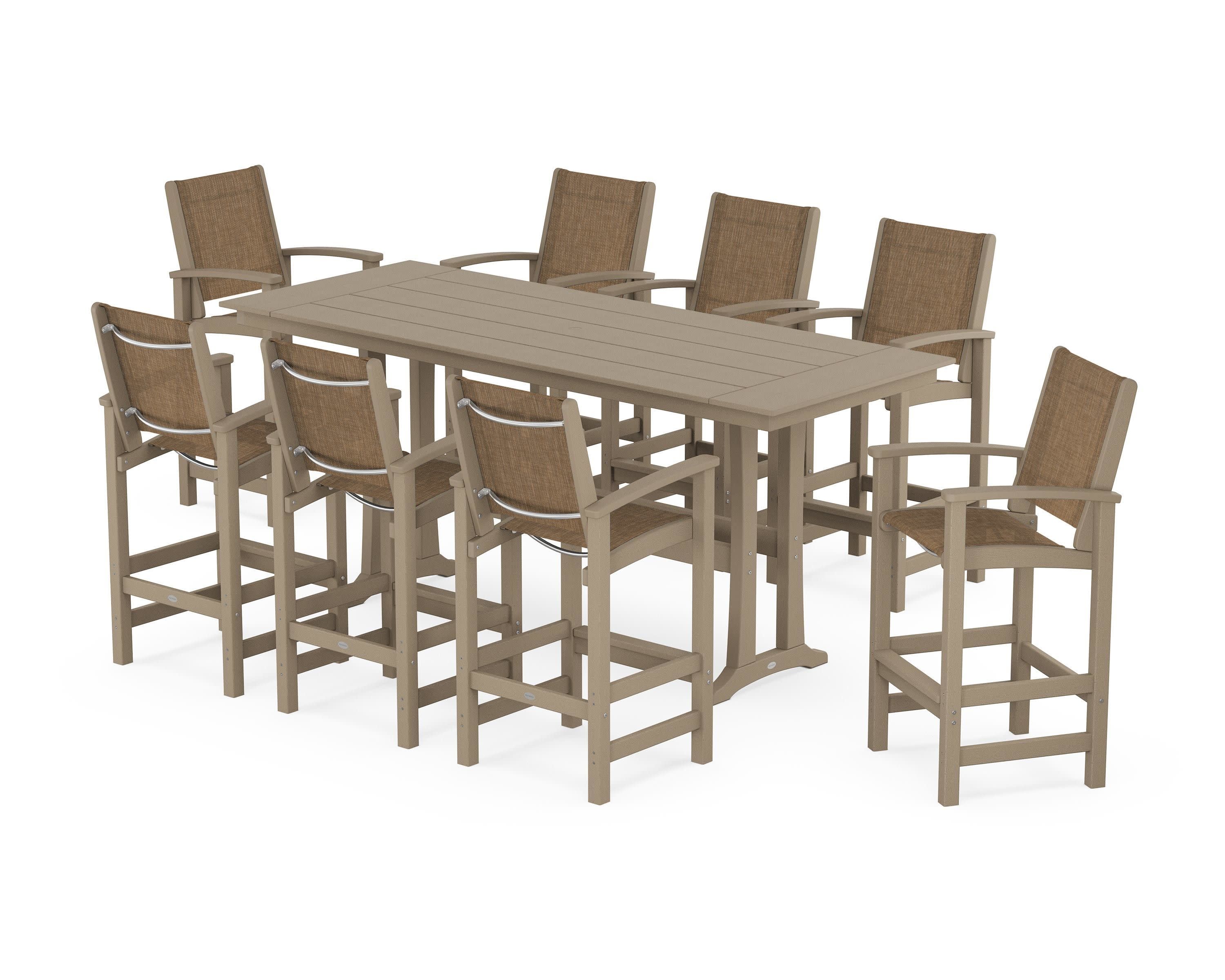 Coastal 9-Piece Farmhouse Bar Set with Trestle Legs in Vintage Sahara / Burlap Sling