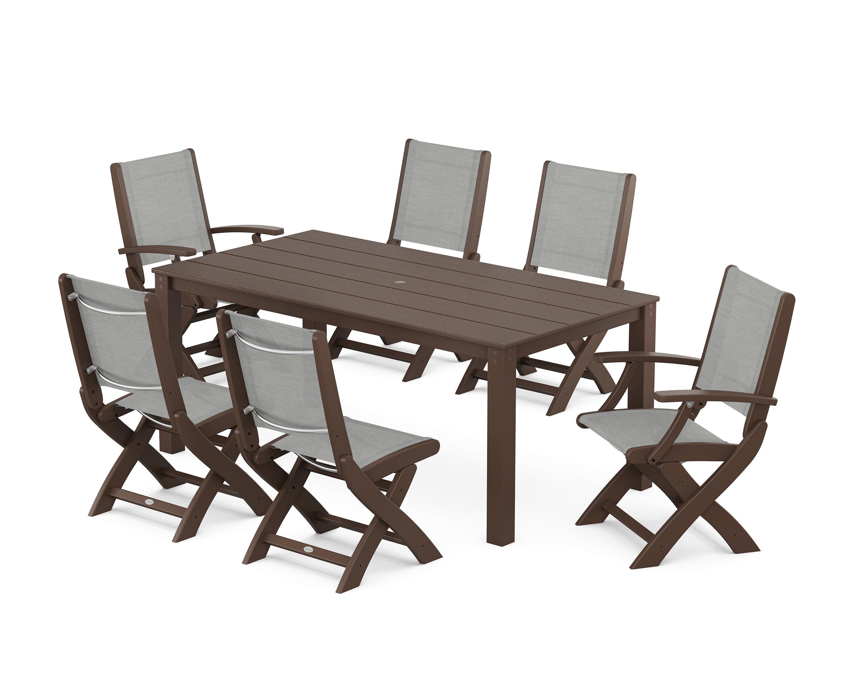 Coastal Folding Chair 7-Piece Parsons Dining Set in Mahogany / Metallic Sling