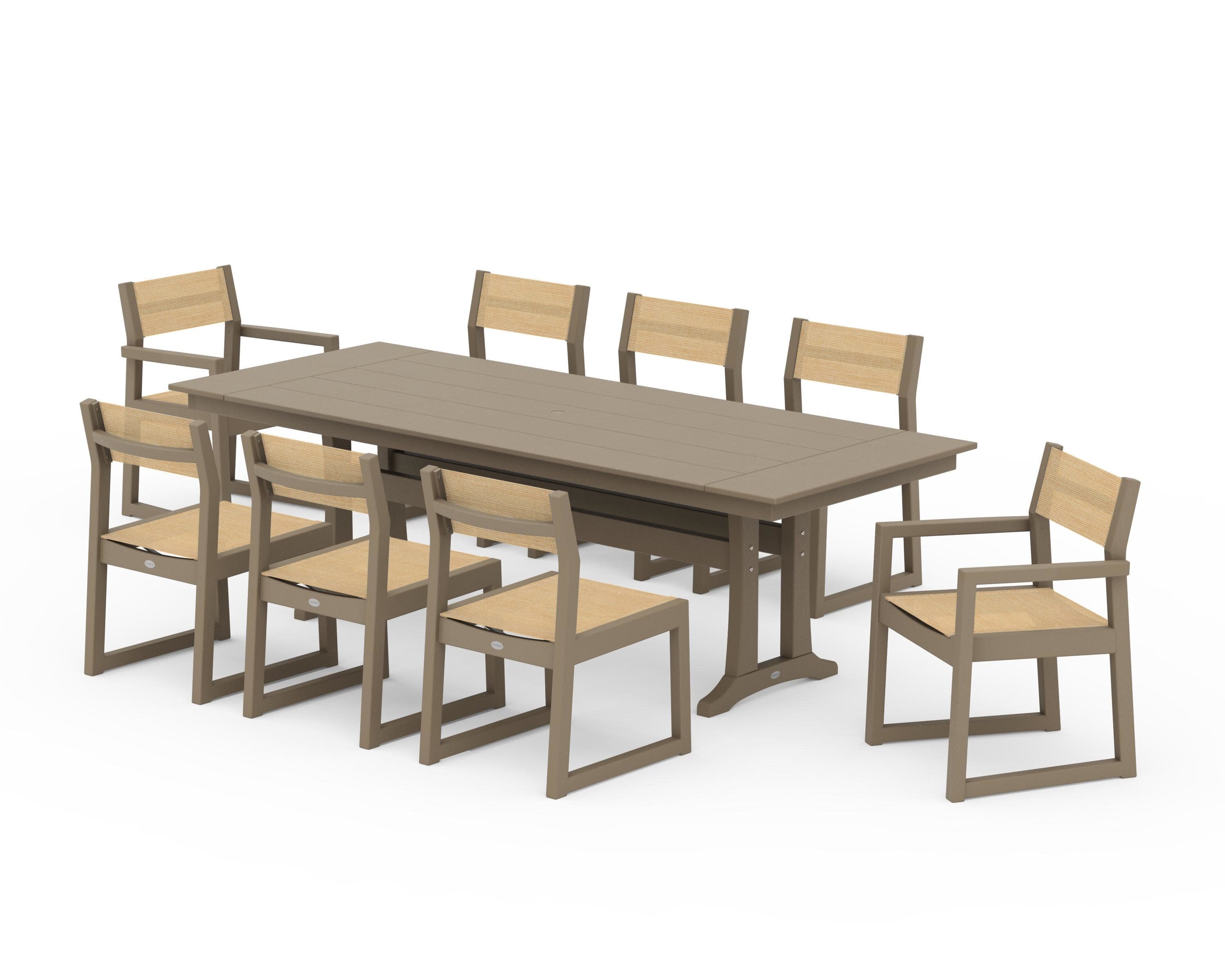 EDGE Sling 9-Piece Farmhouse Trestle Dining Set in Vintage Sahara / Dupioni Apricot Sling