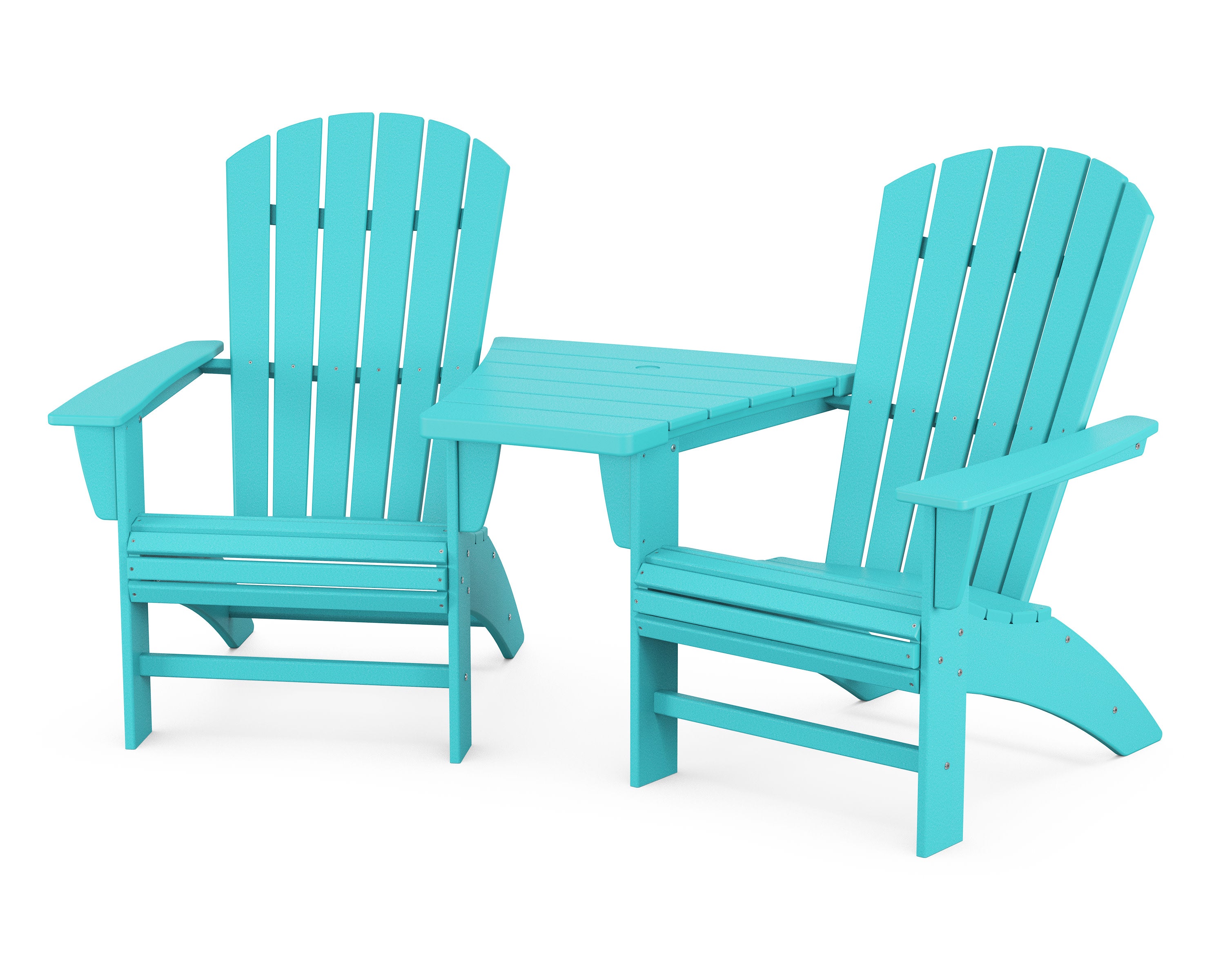 Nautical 3-Piece Curveback Adirondack Set with Angled Connecting Table in Aruba