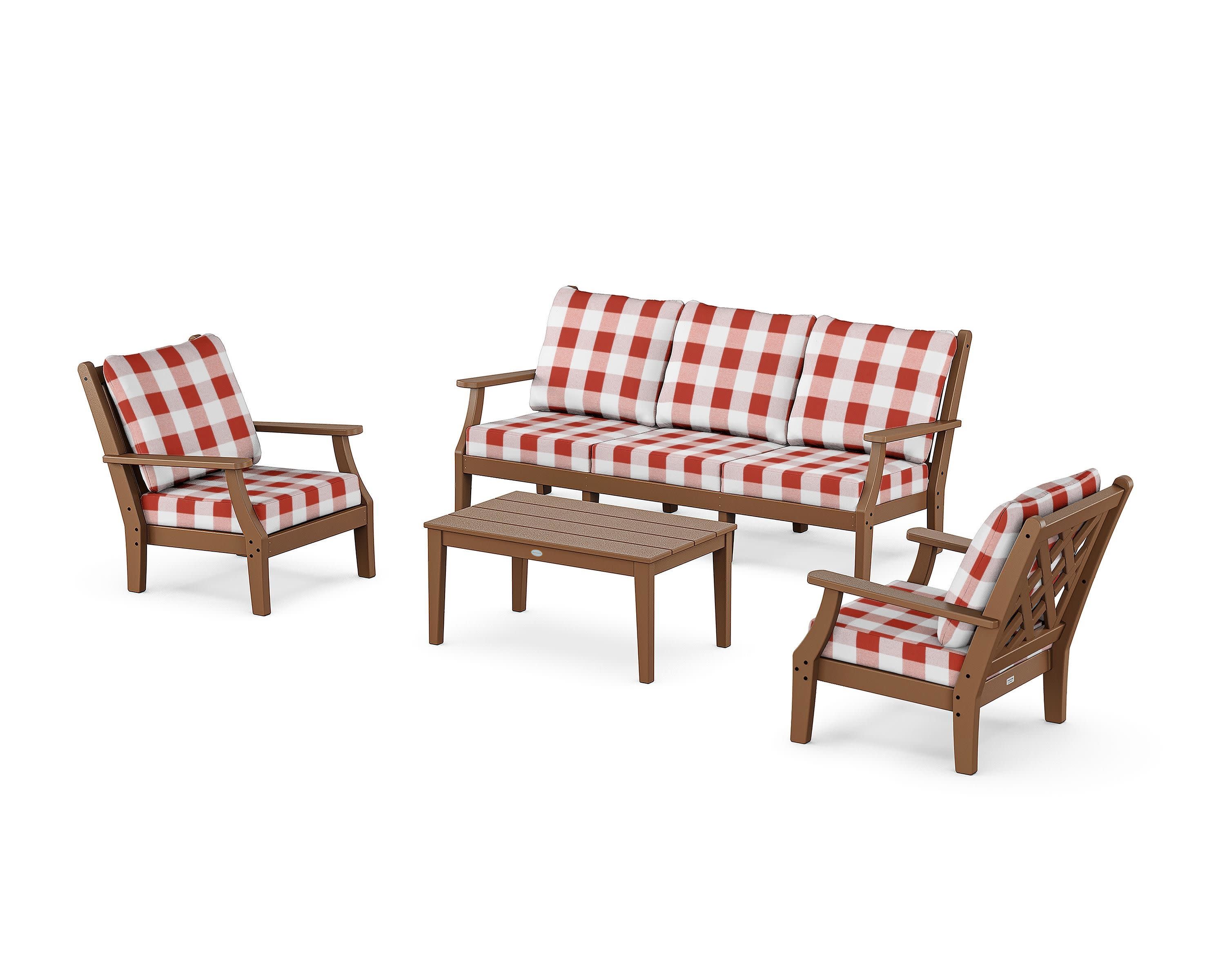 Wovendale 4-Piece Deep Seating Set with Sofa in Teak / Buffalo Plaid Crimson