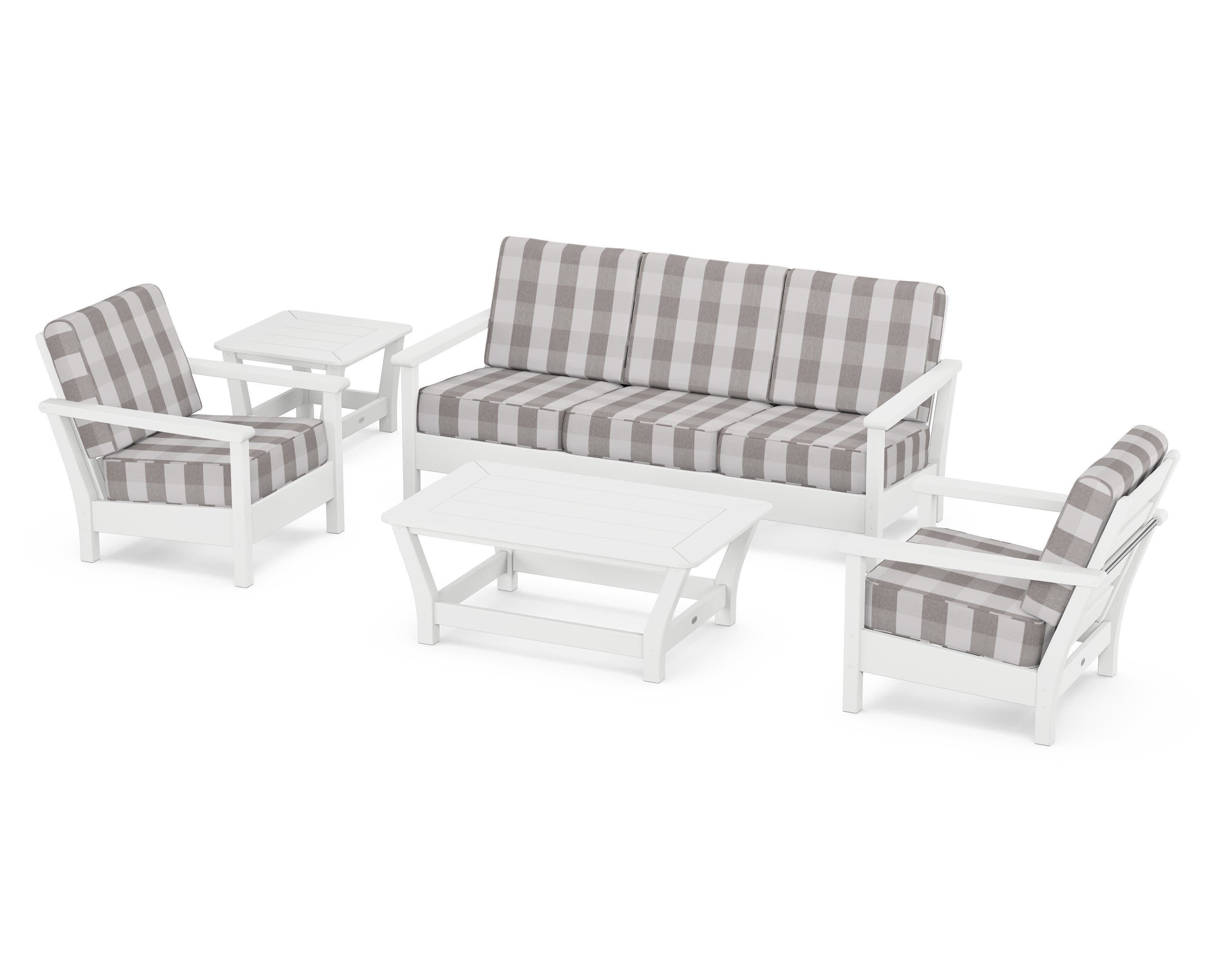 Harbour 5-Piece Deep Seating Set in White / Buffalo Plaid Grey Mist