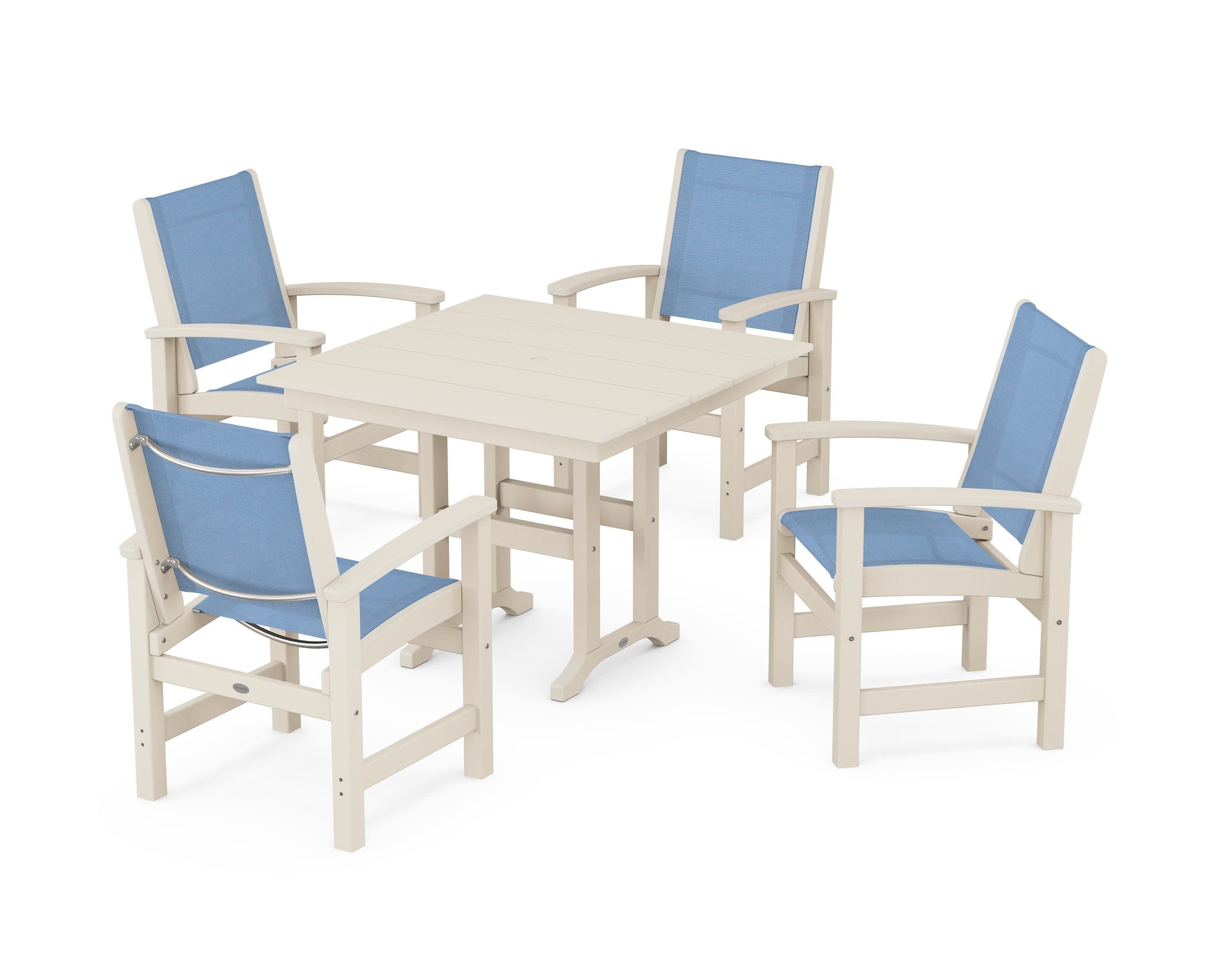 Coastal 5-Piece Farmhouse Dining Set in Sand / Poolside Sling