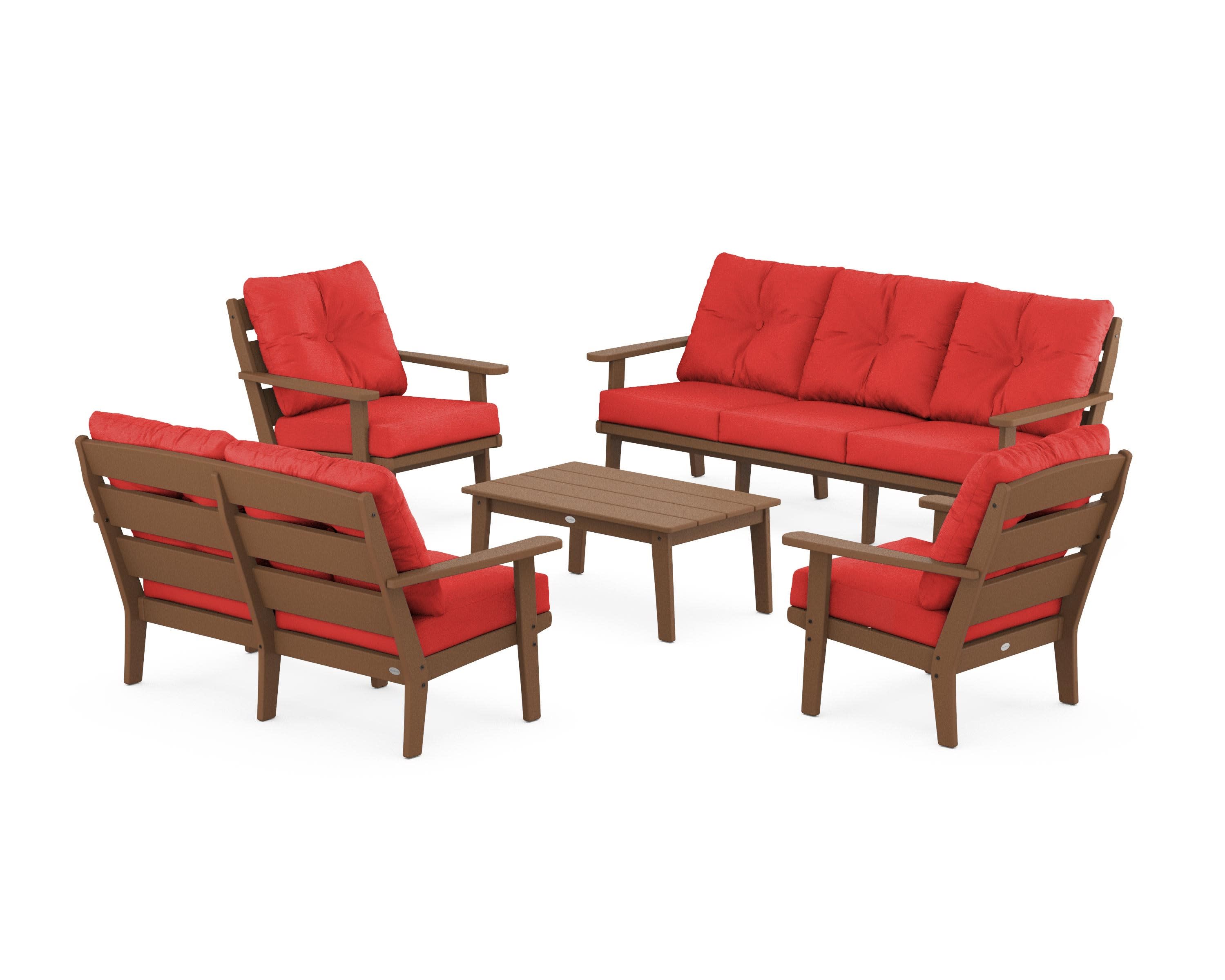 Lakeside 5-Piece Lounge Sofa Set in Teak / Crimson Linen