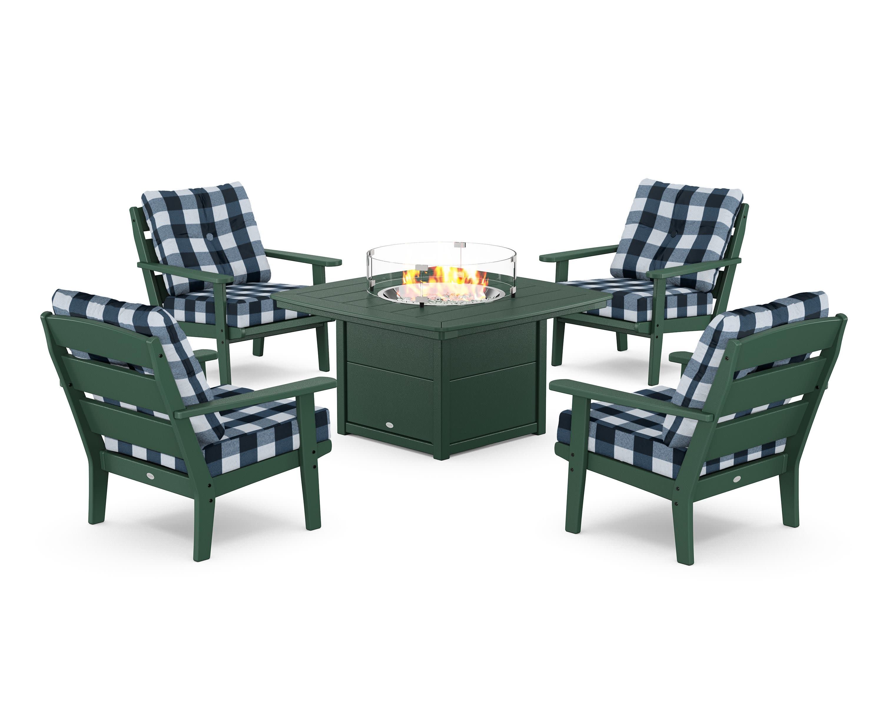 Lakeside 5-Piece Deep Seating Set with Nautical Fire Pit Table in Green / Buffalo Plaid Marine Indigo