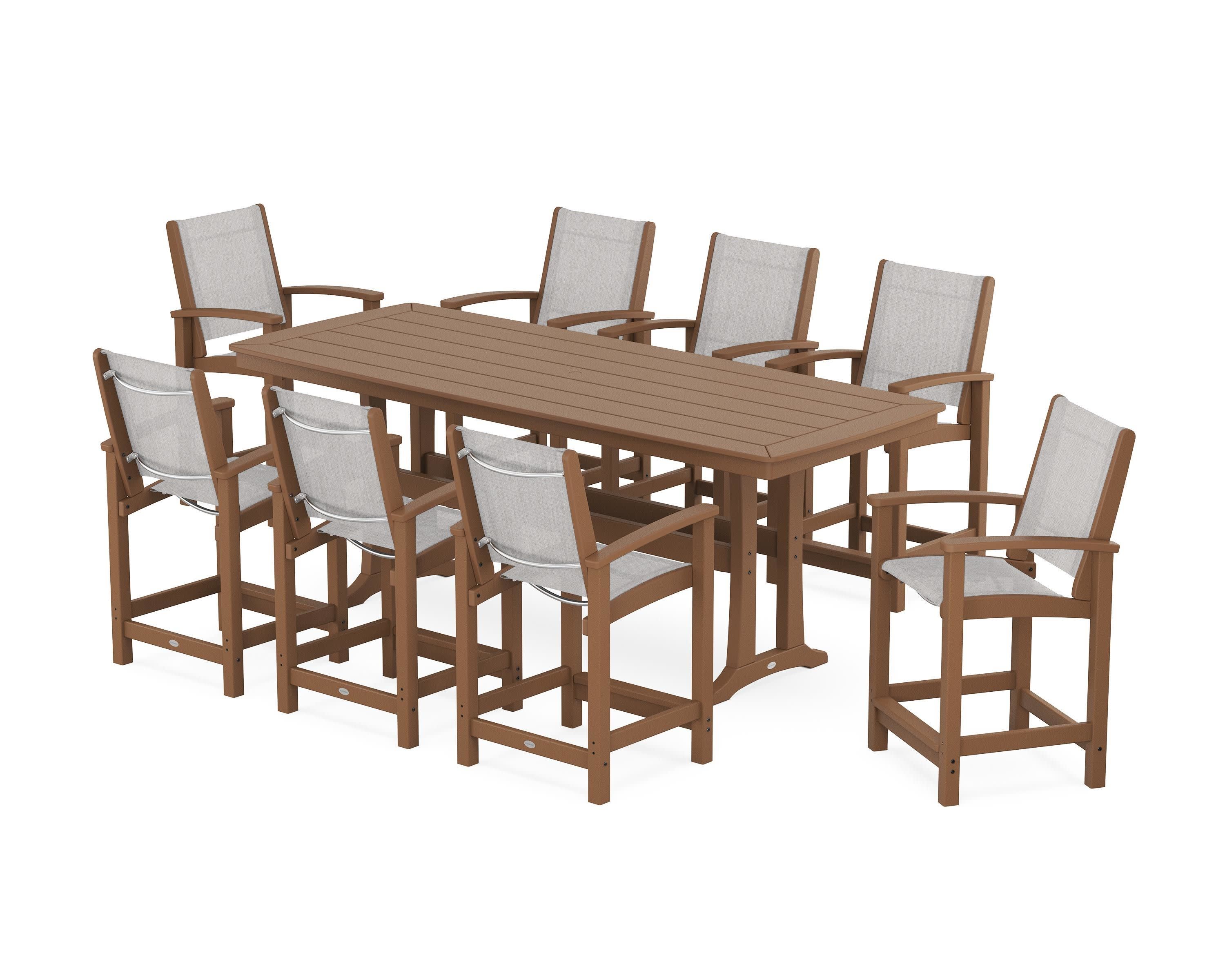 Coastal 9-Piece Counter Set with Trestle Legs in Teak / Parchment Sling