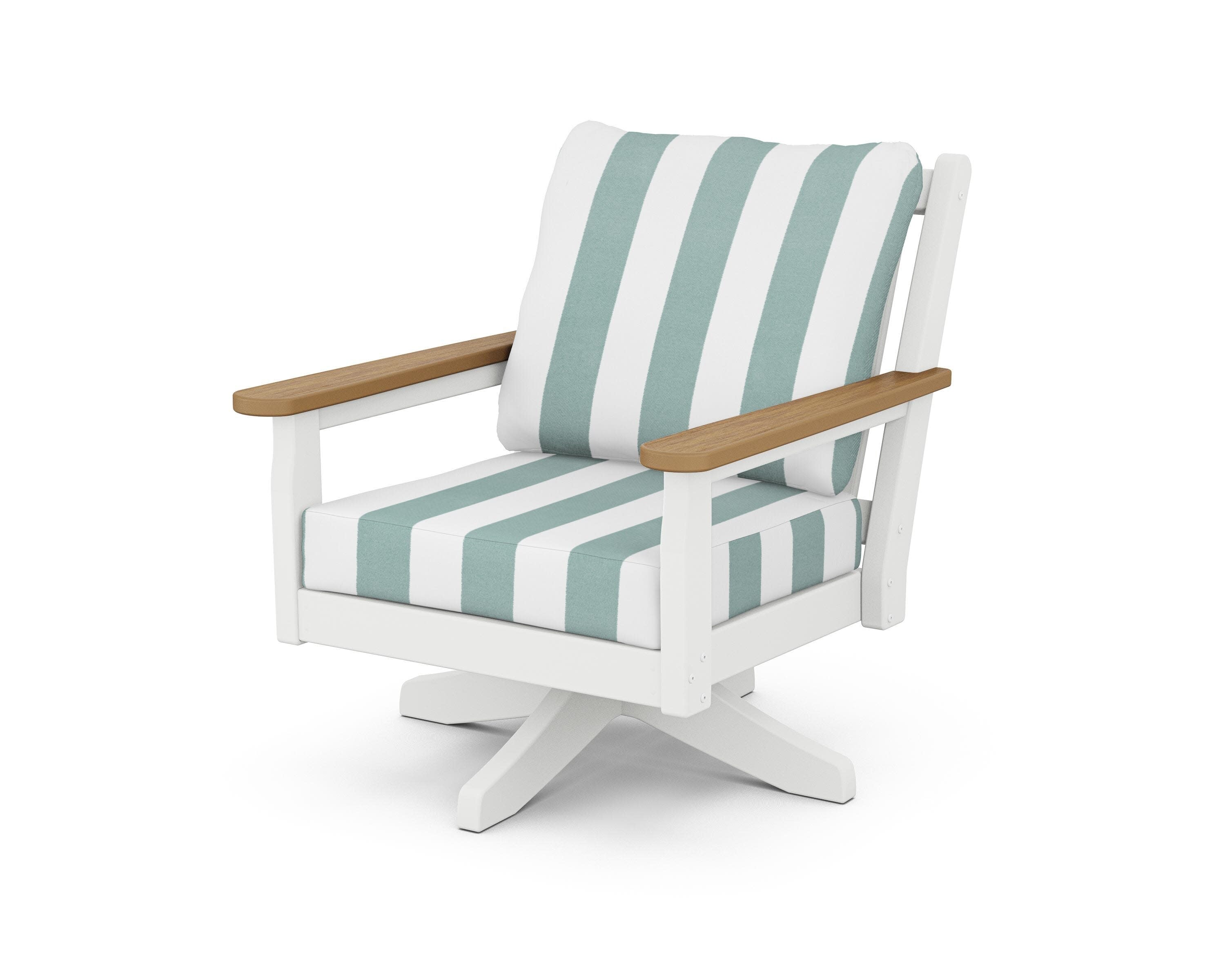 Chippendale Deep Seating Swivel Chair in White / Natural / Cabana Stripe Glacier Spa