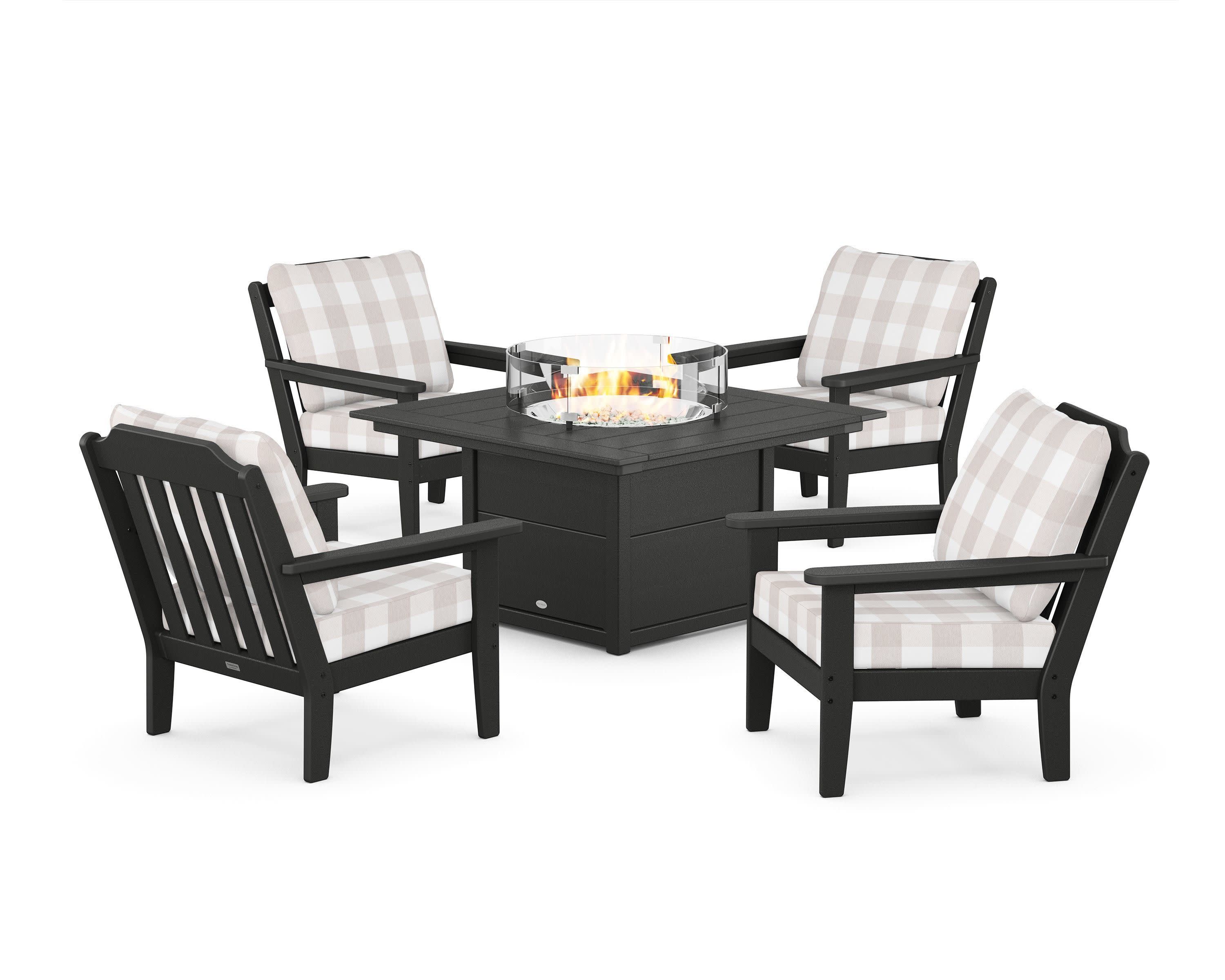 Cottage 5-Piece Deep Seating Set with Fire Pit Table in Black / Buffalo Plaid Dune Burlap