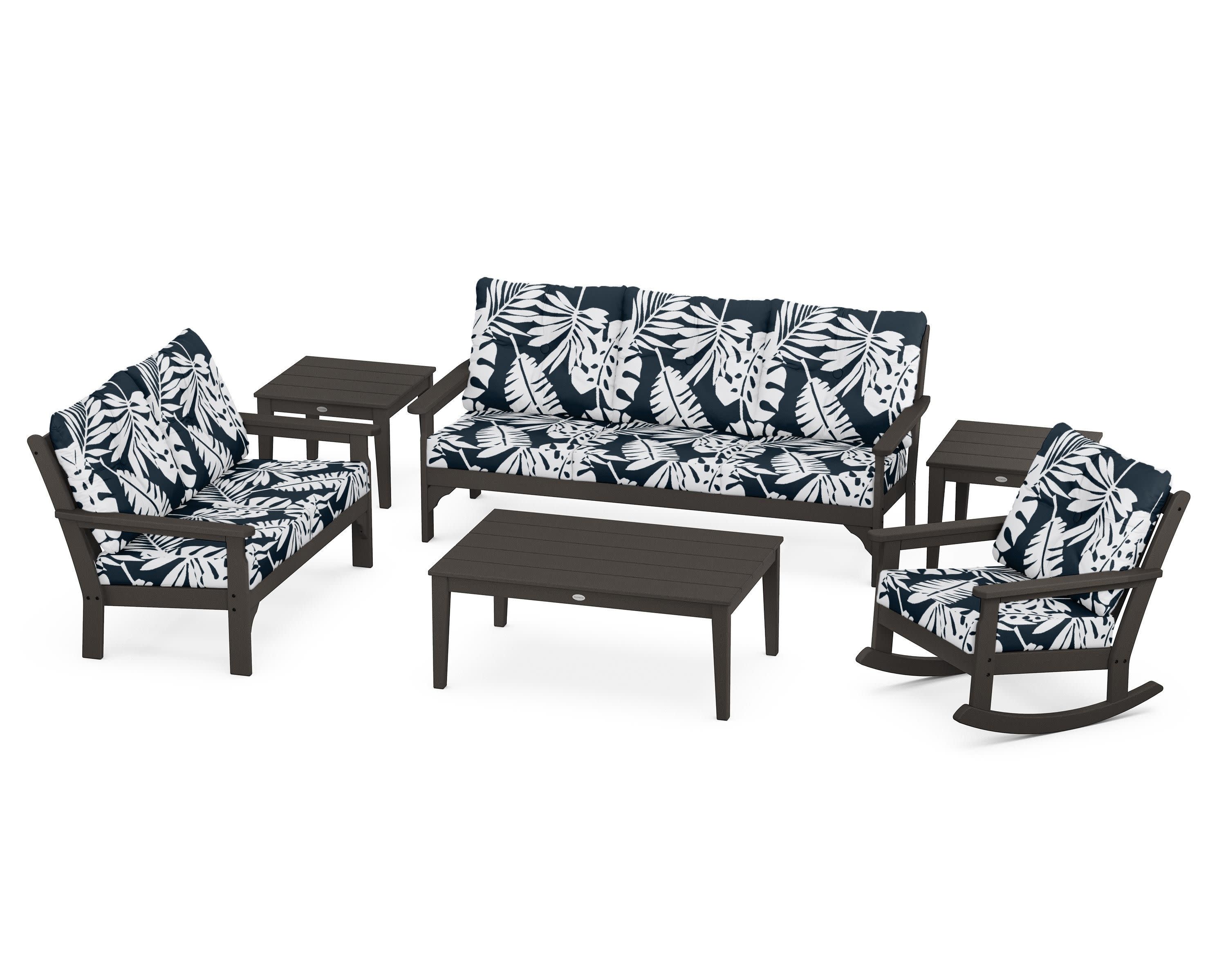 Vineyard 6-Piece Deep Seating Set in Vintage Coffee / Leaf Marine Indigo