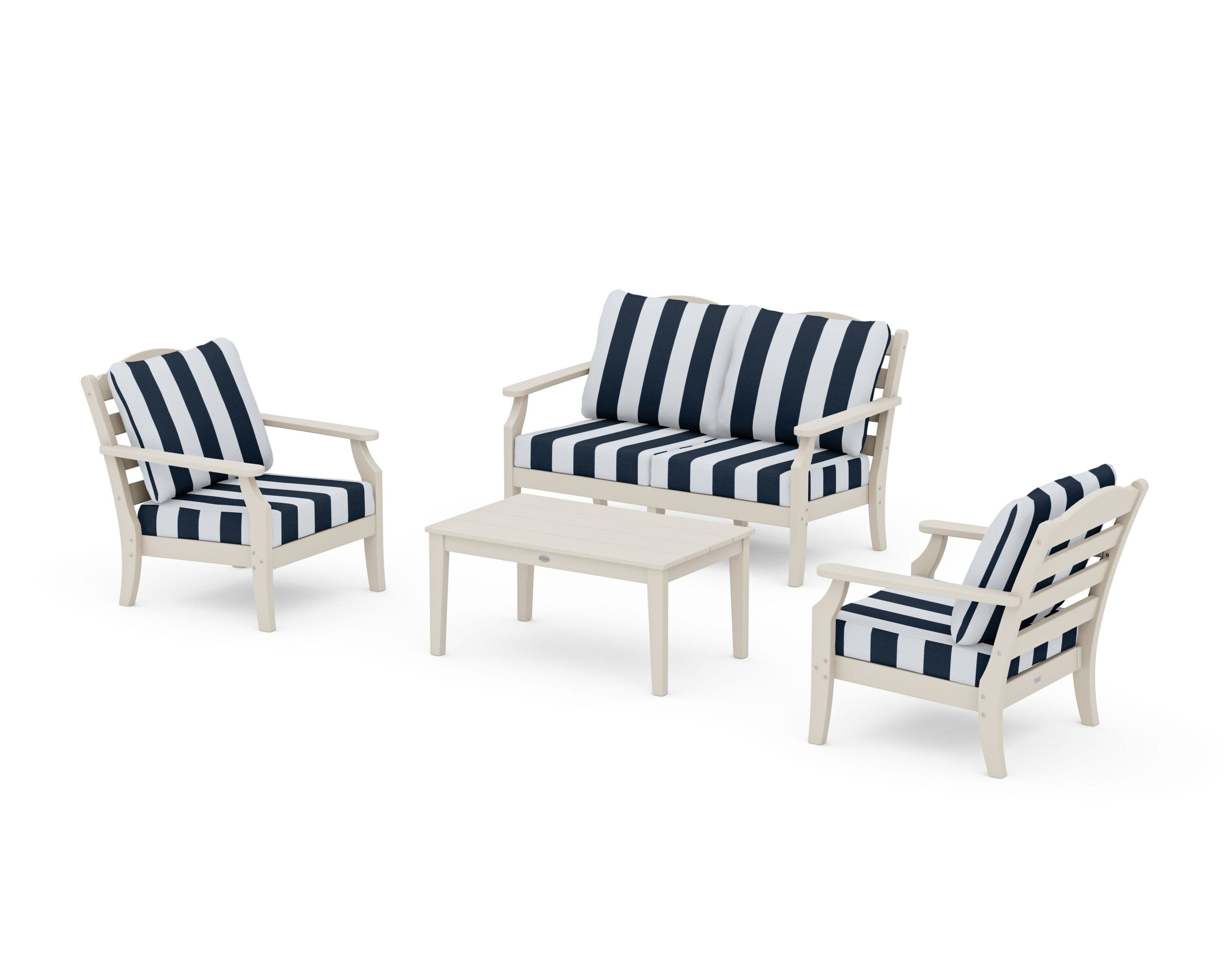 Savannah 4-Piece Deep Seating Set with Loveseat in Sand / Cabana Stripe Marine Indigo