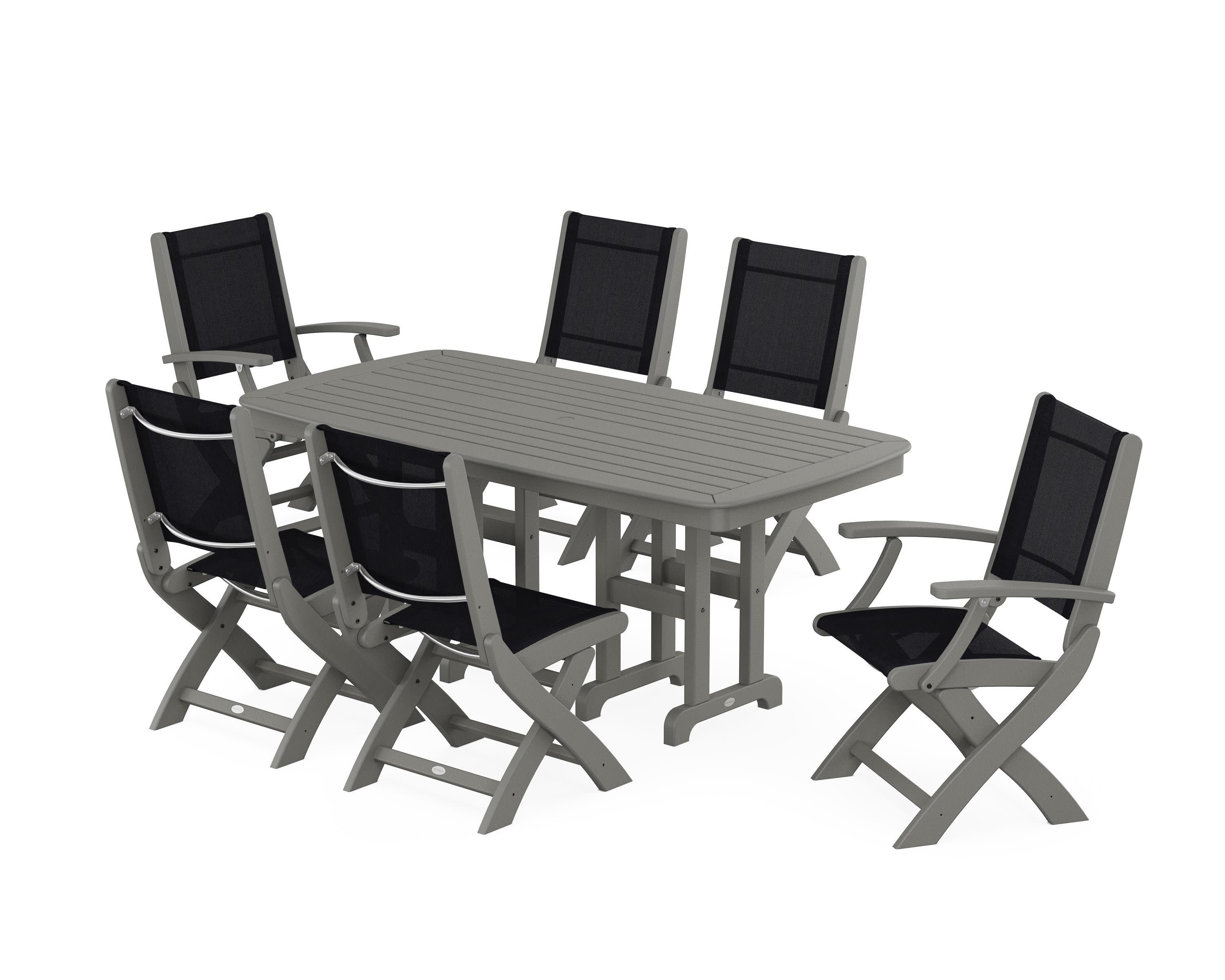 Coastal Folding Chair 7-Piece Dining Set in Slate Grey / Black Sling