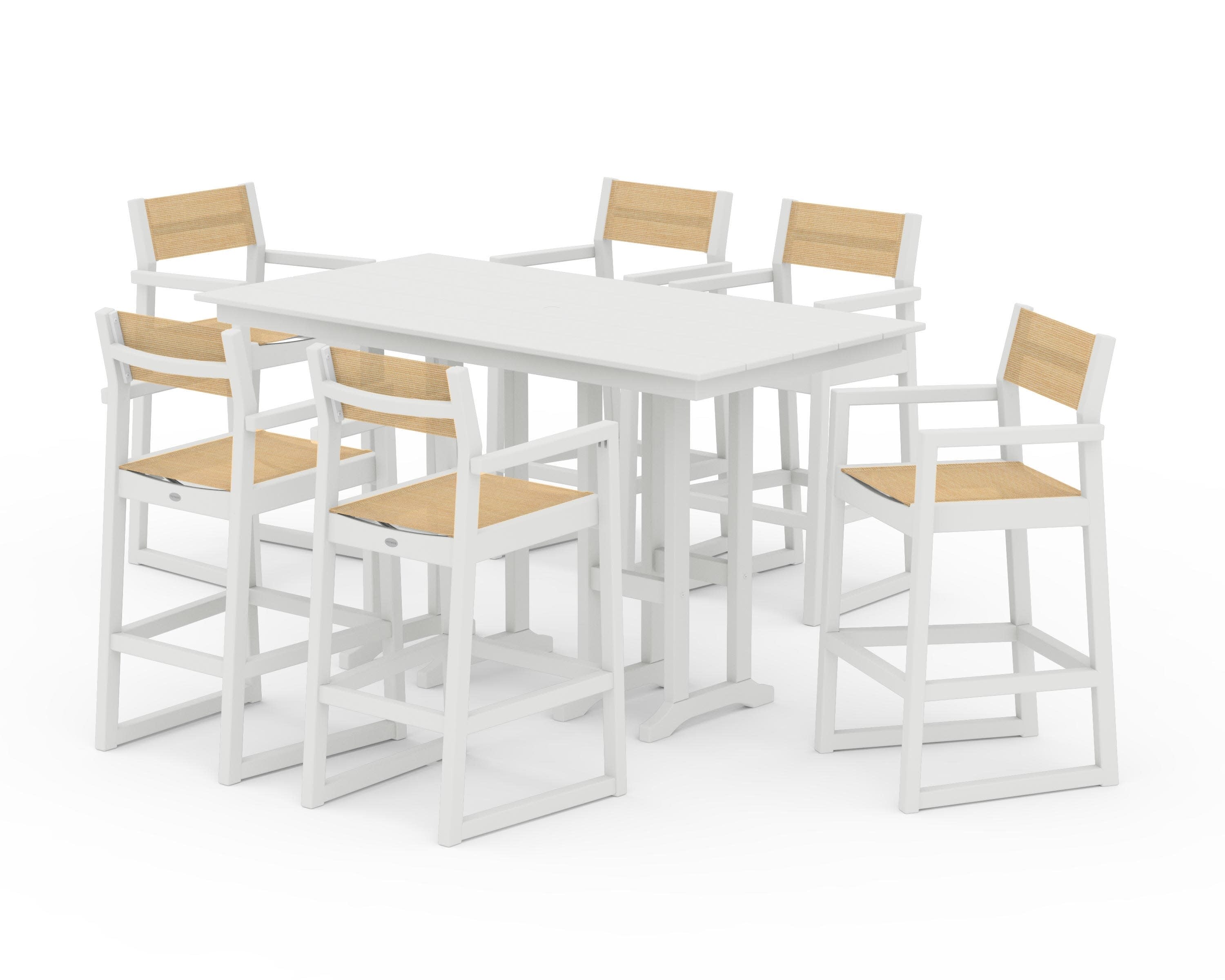 EDGE Sling Arm Chair 7-Piece Farmhouse Bar Set in Vintage White / Dupioni Apricot Sling