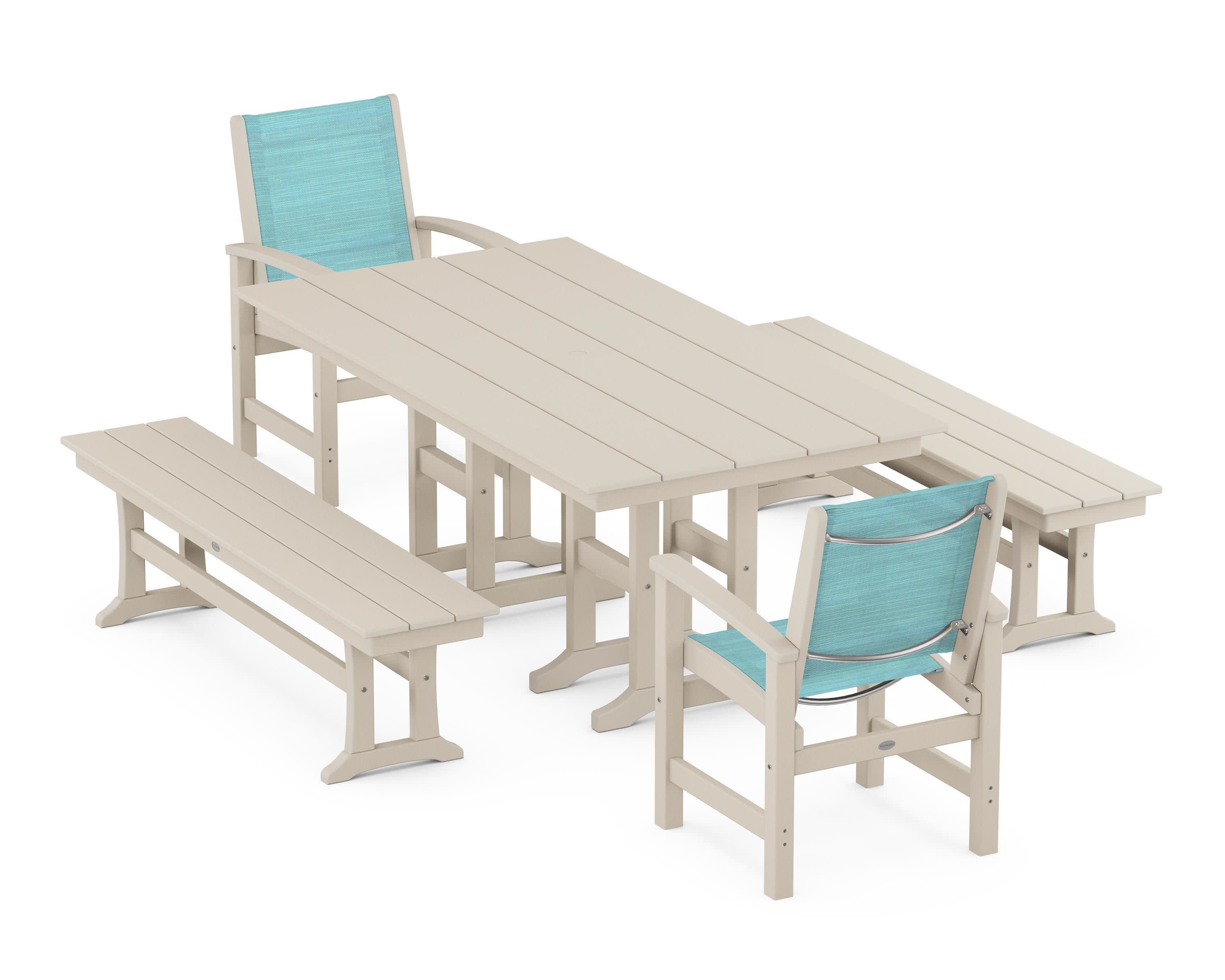 Coastal 5-Piece Farmhouse Dining Set in Sand / Dupioni Aquamarine Sling
