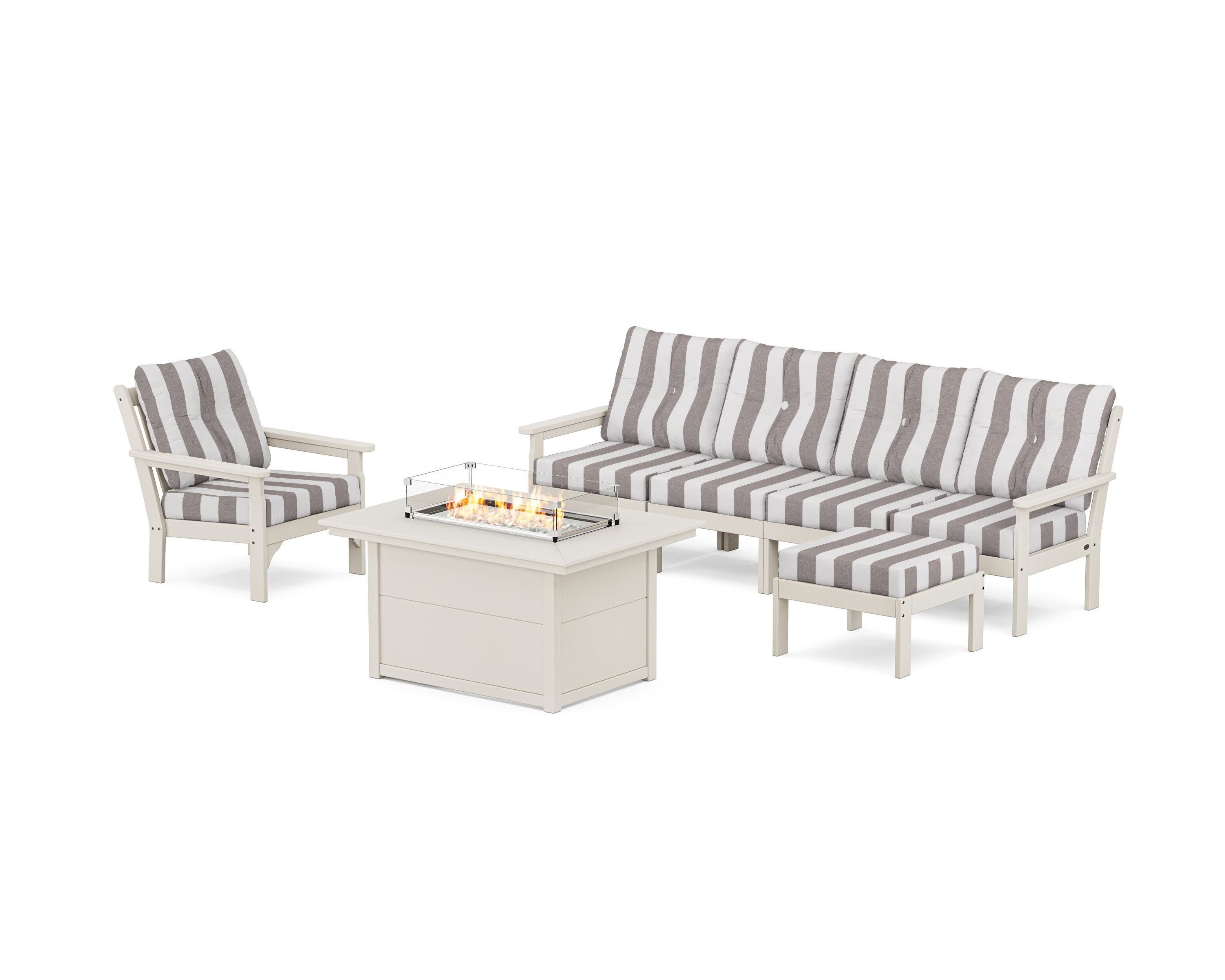 Vineyard Sectional Lounge and Fire Pit Set in Sand / Cabana Stripe Grey Mist