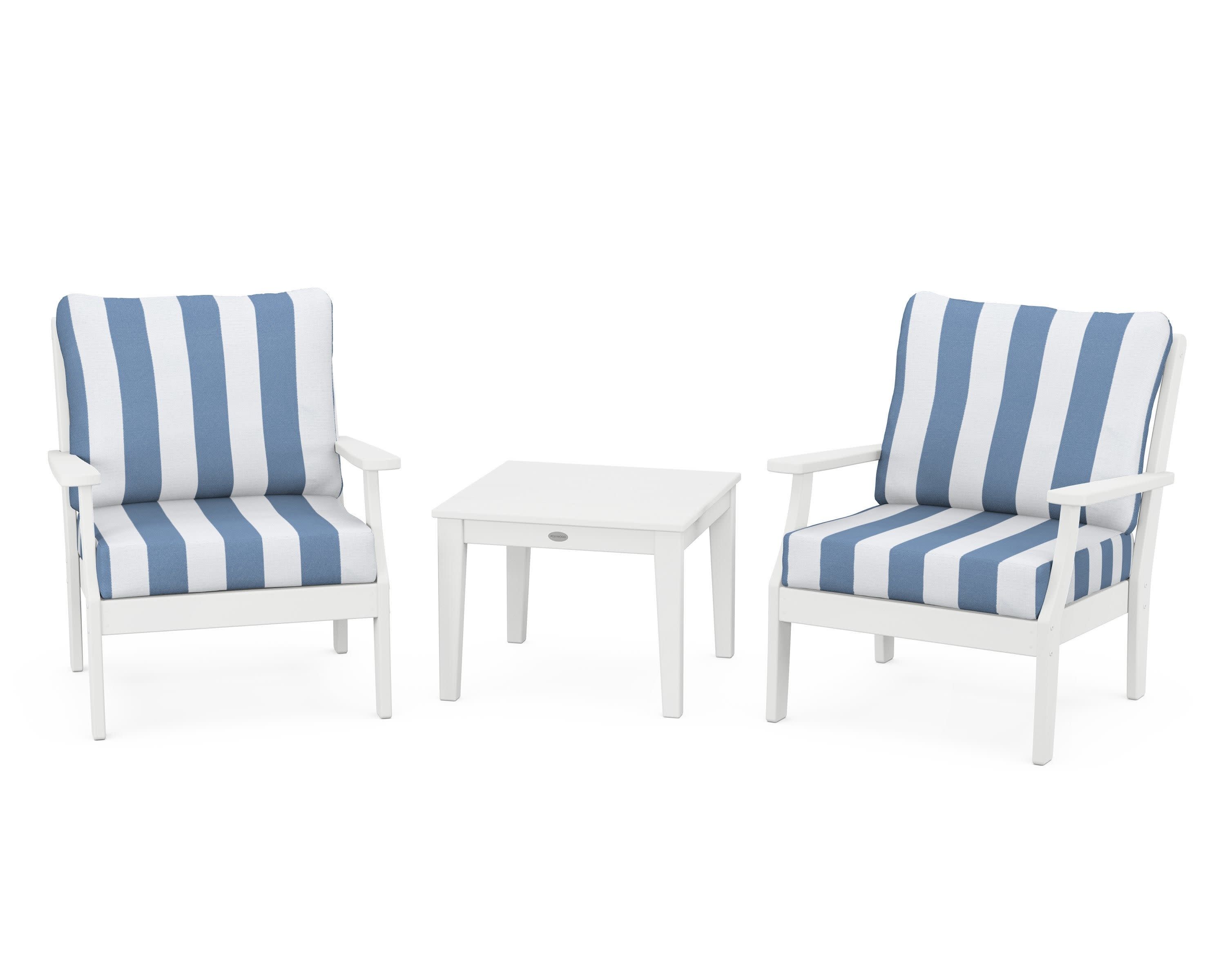 Braxton 3-Piece Deep Seating Set in White / Cabana Stripe Sky Blue