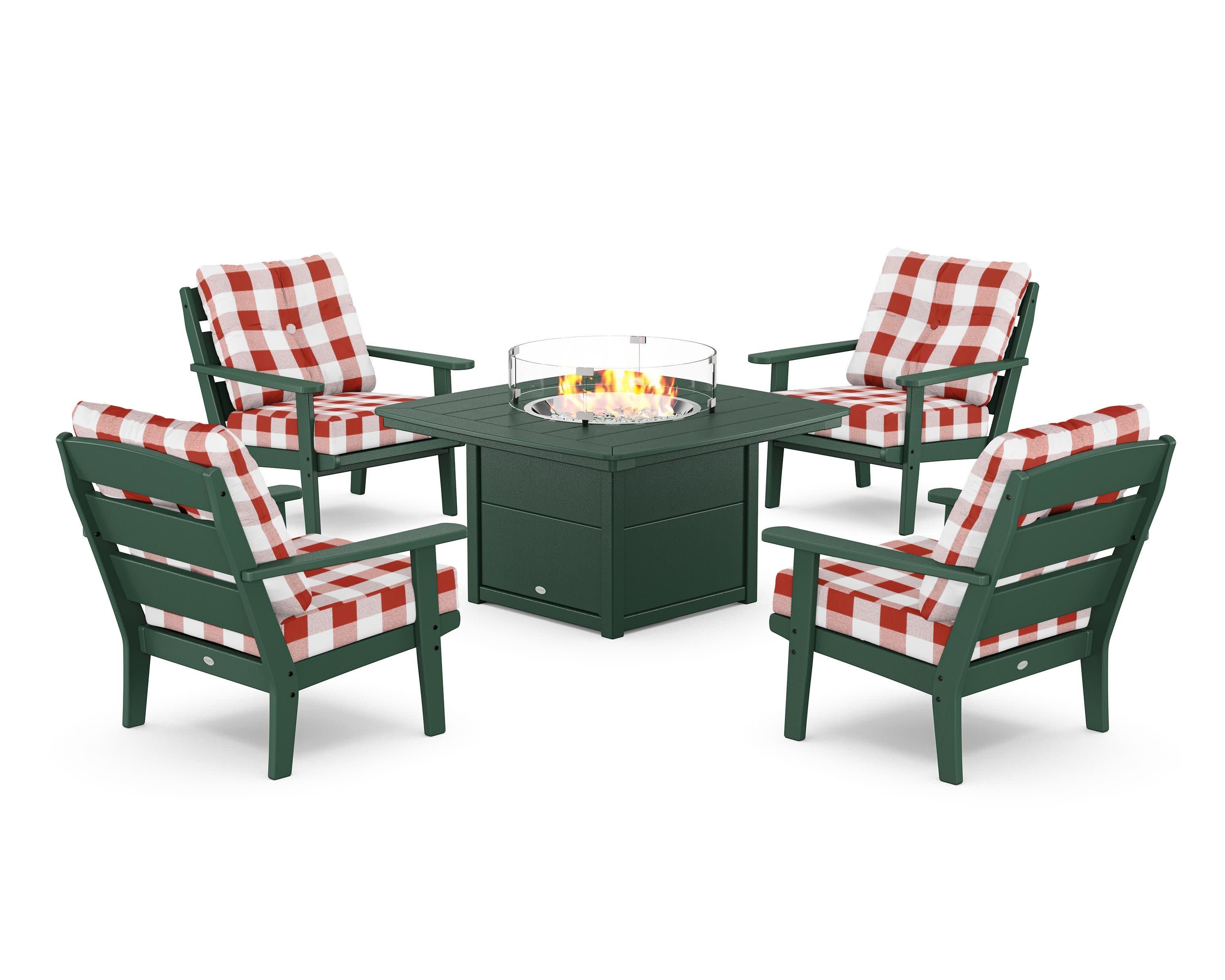 Lakeside 5-Piece Deep Seating Set with Nautical Fire Pit Table in Green / Buffalo Plaid Crimson