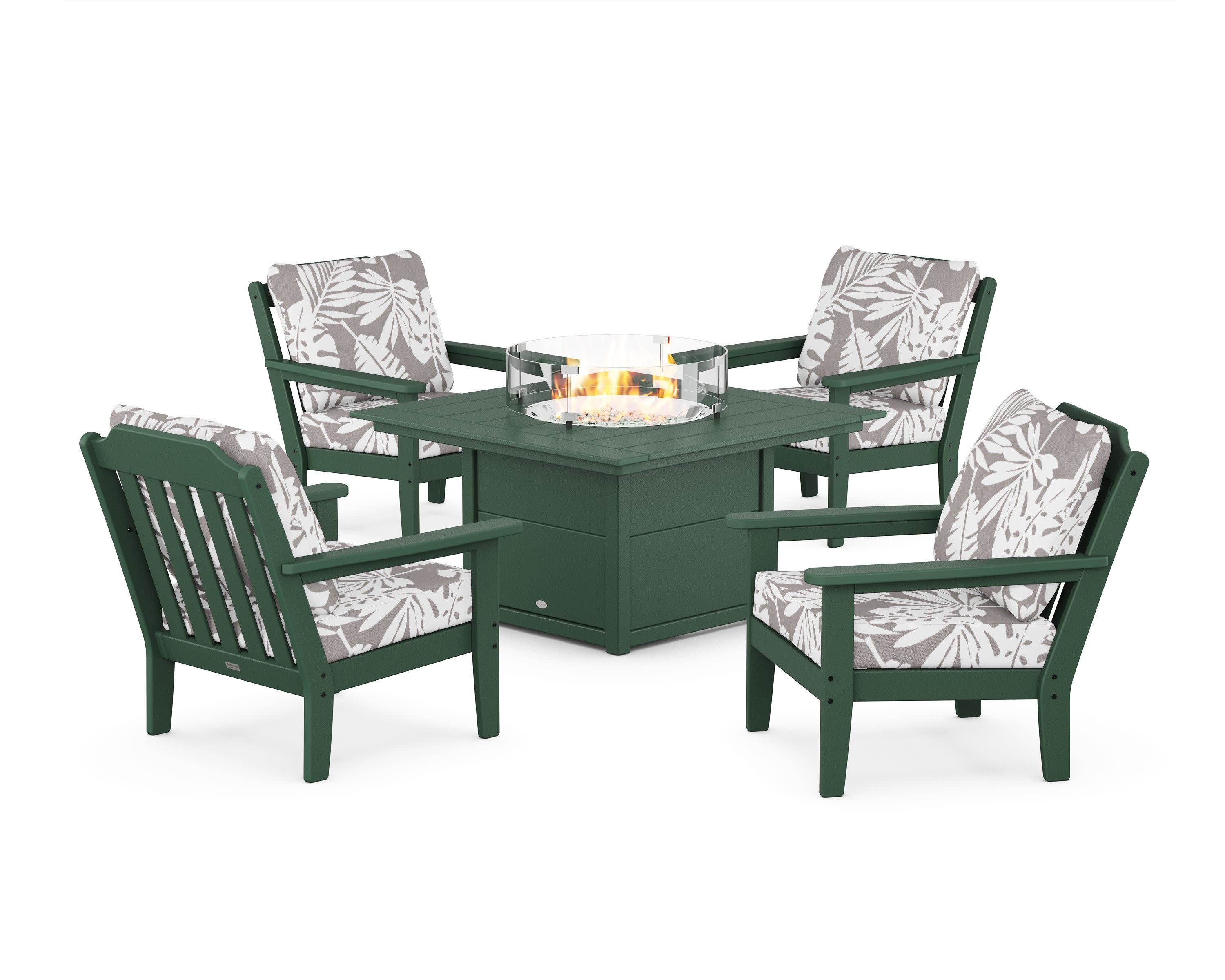 Cottage 5-Piece Deep Seating Set with Fire Pit Table in Green / Leaf Grey Mist