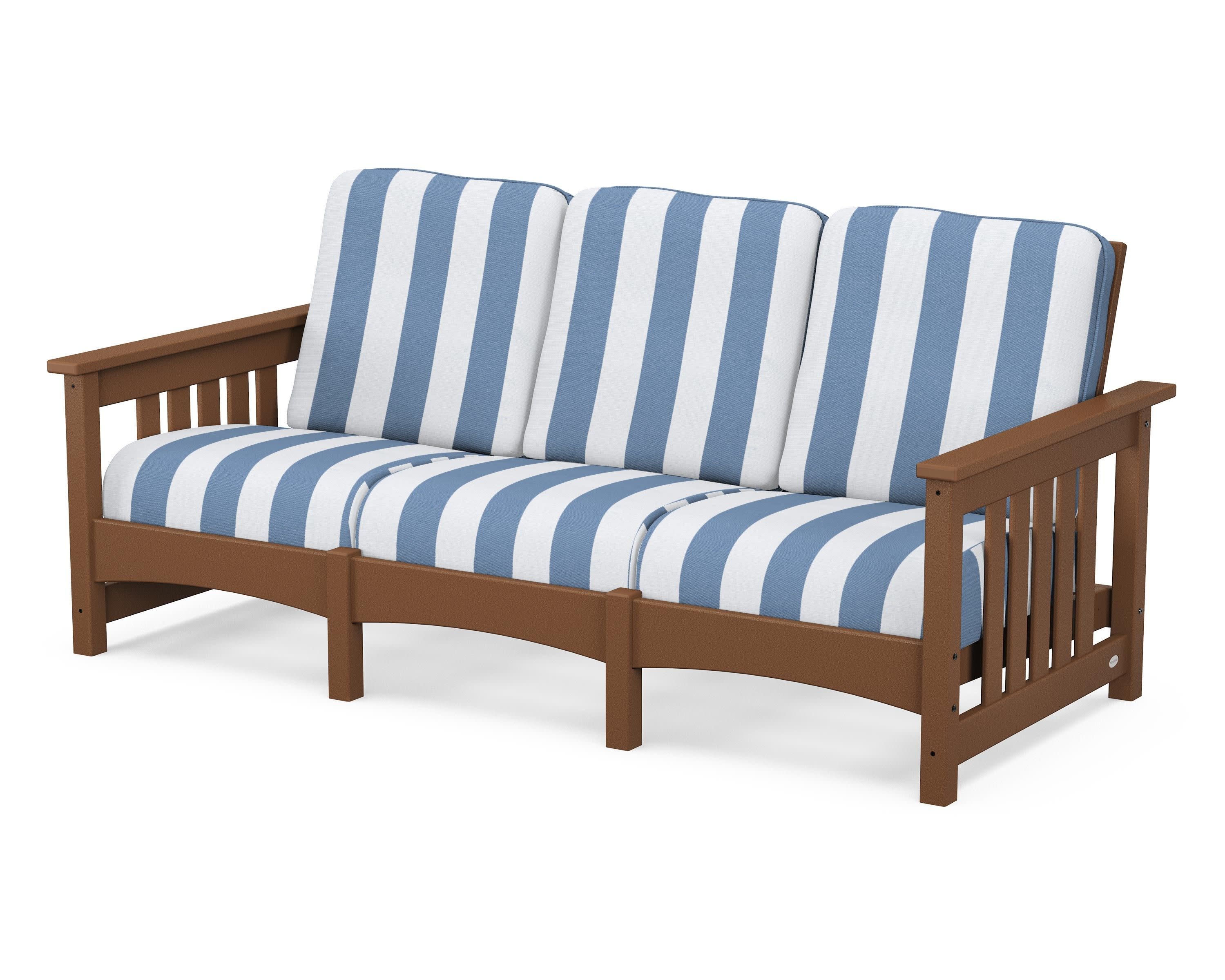 Club Mission Sofa in Teak / Cabana Stripe Sky Blue