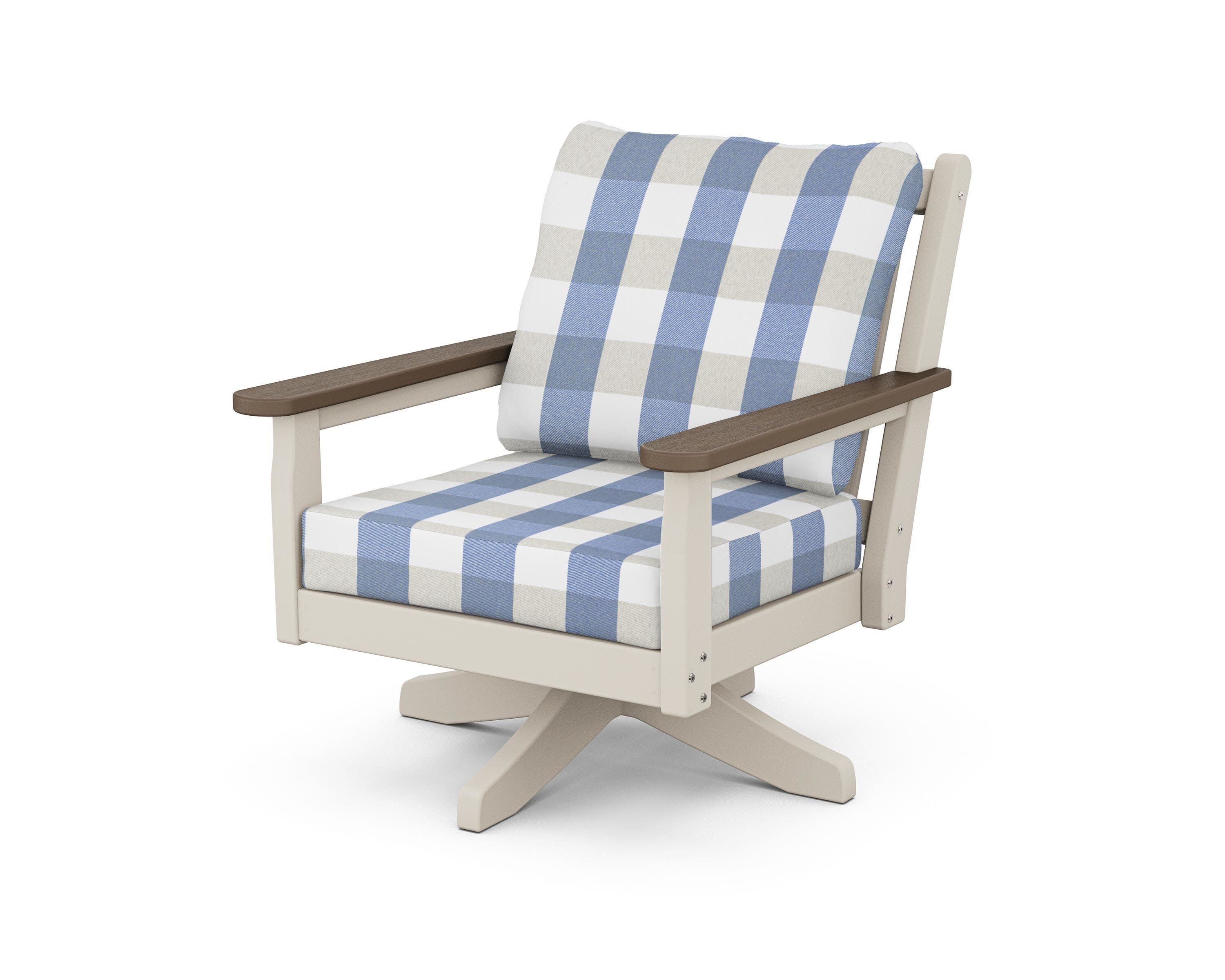 Chippendale Deep Seating Swivel Chair in Sand / Kona / Buffalo Plaid Sky Blue