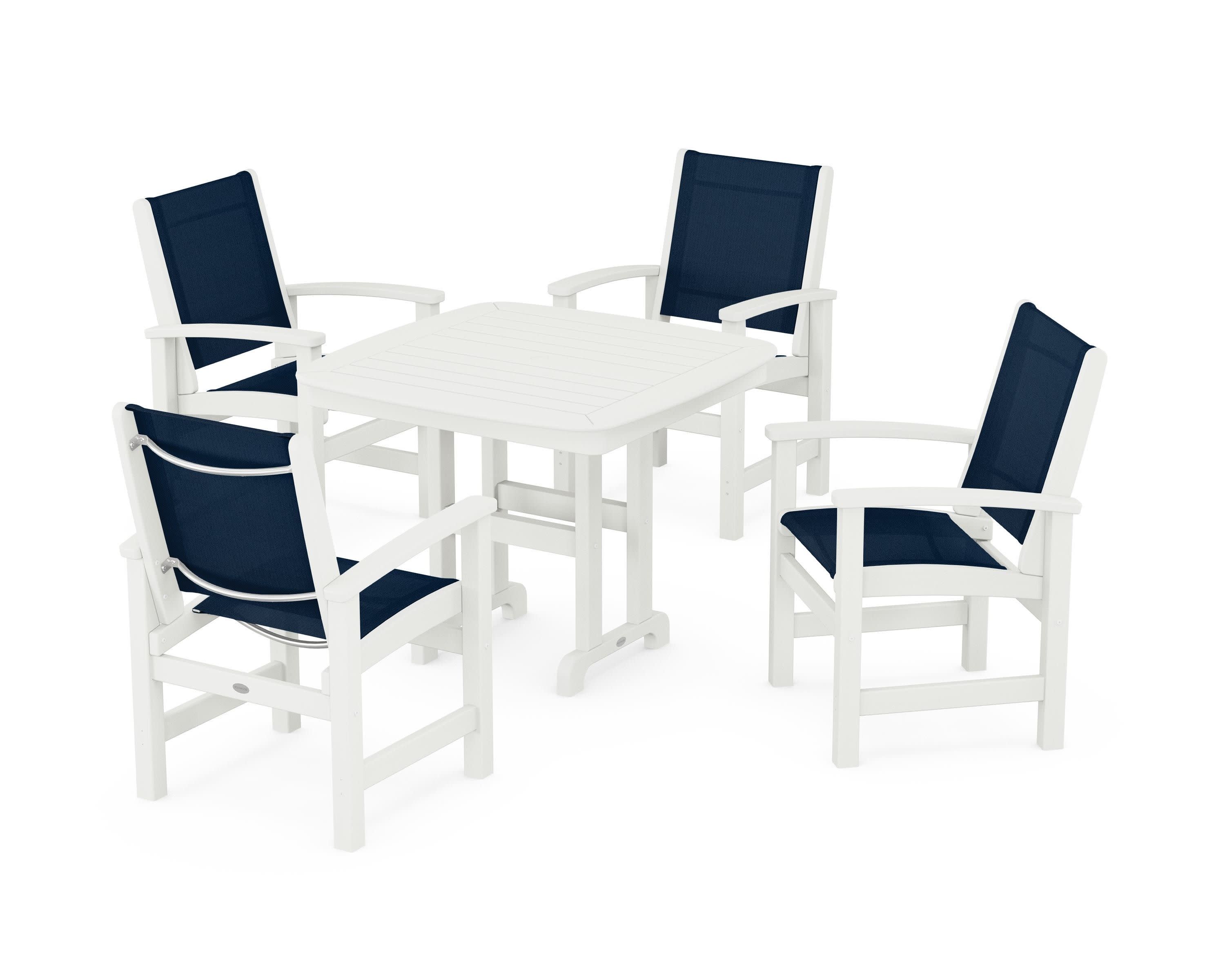 Coastal 5-Piece Dining Set in Vintage White / Navy Blue Sling
