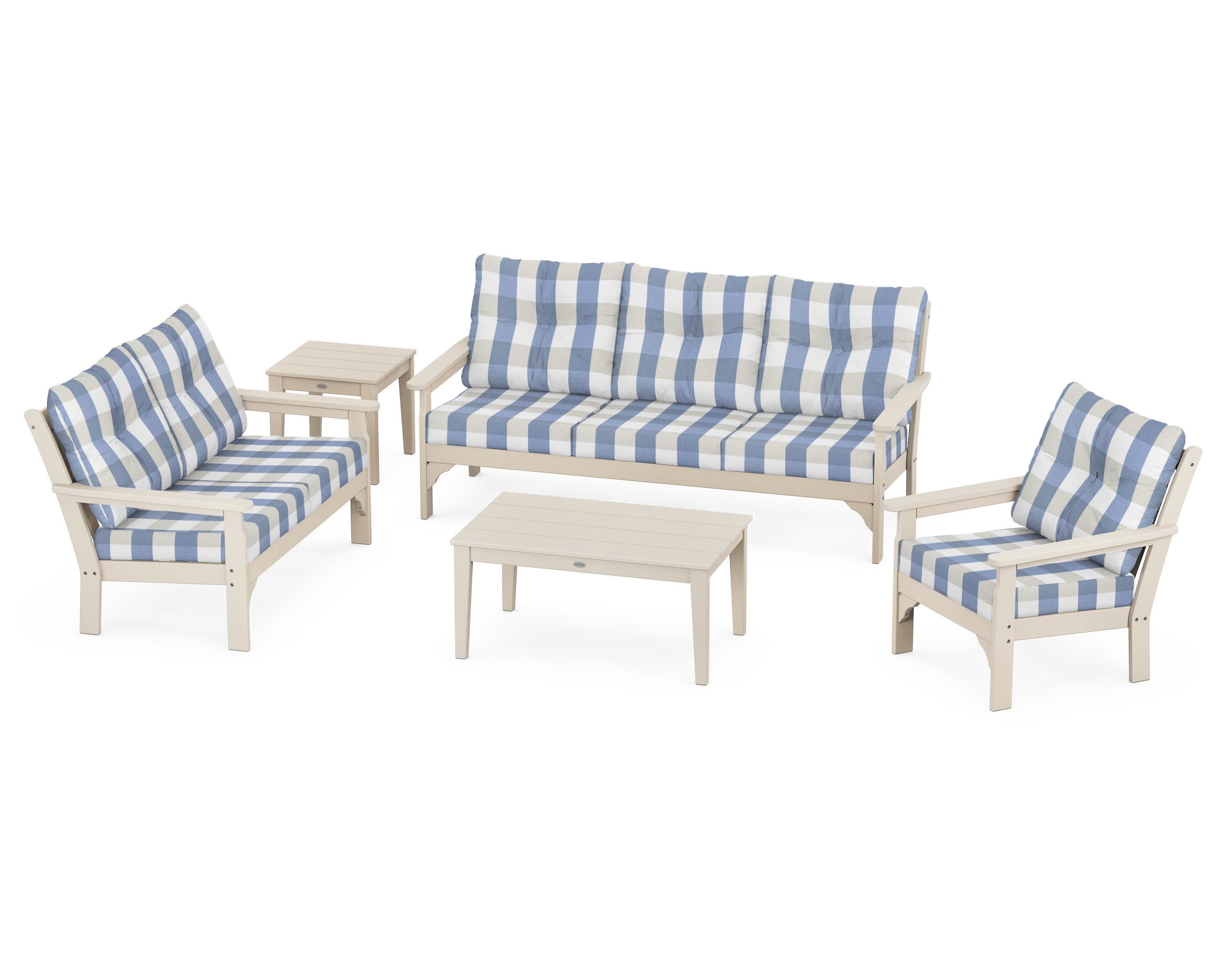 Vineyard 5 Piece Deep Seating Set in Sand / Buffalo Plaid Sky Blue