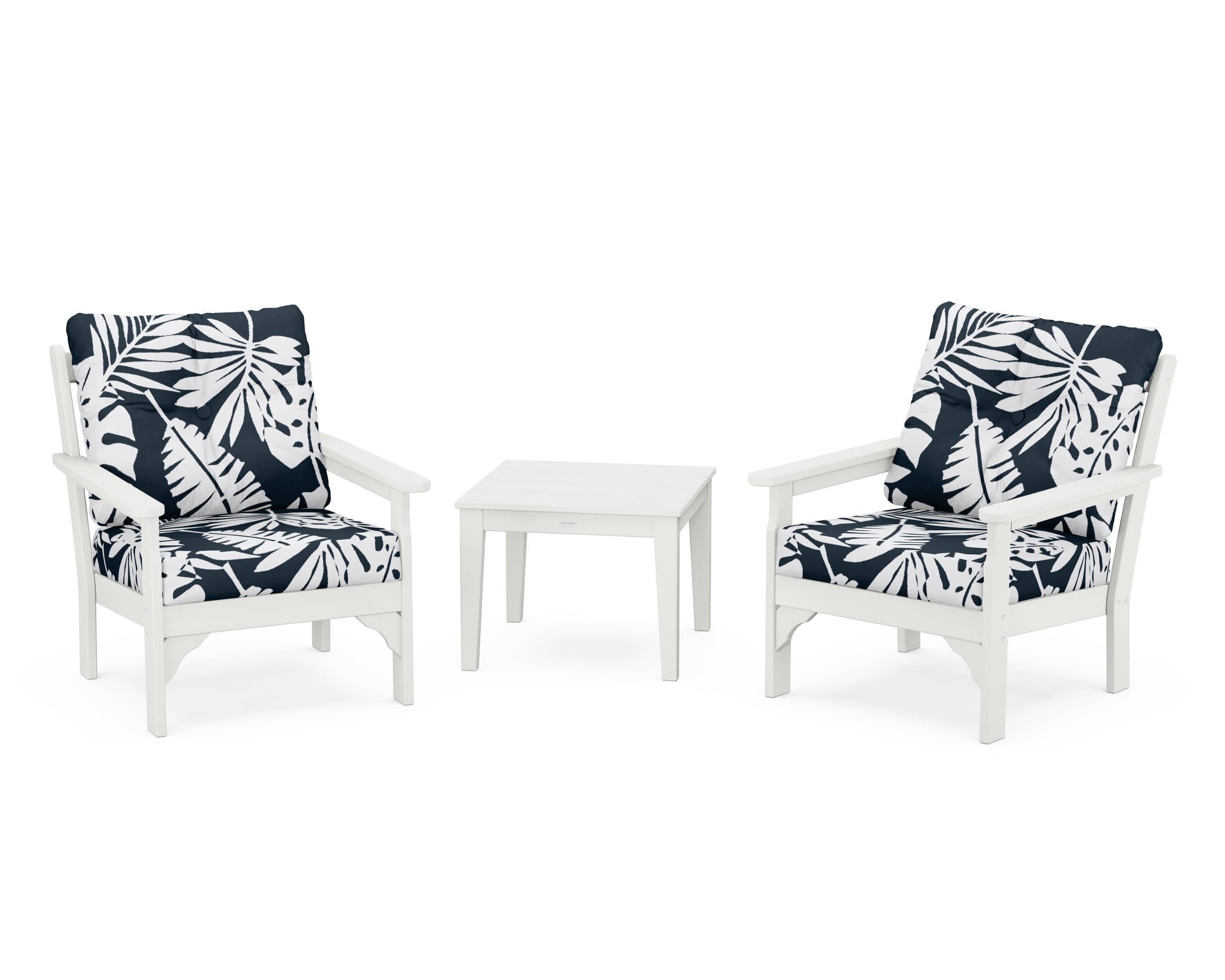 Vineyard 3-Piece Deep Seating Set in Vintage White / Leaf Marine Indigo