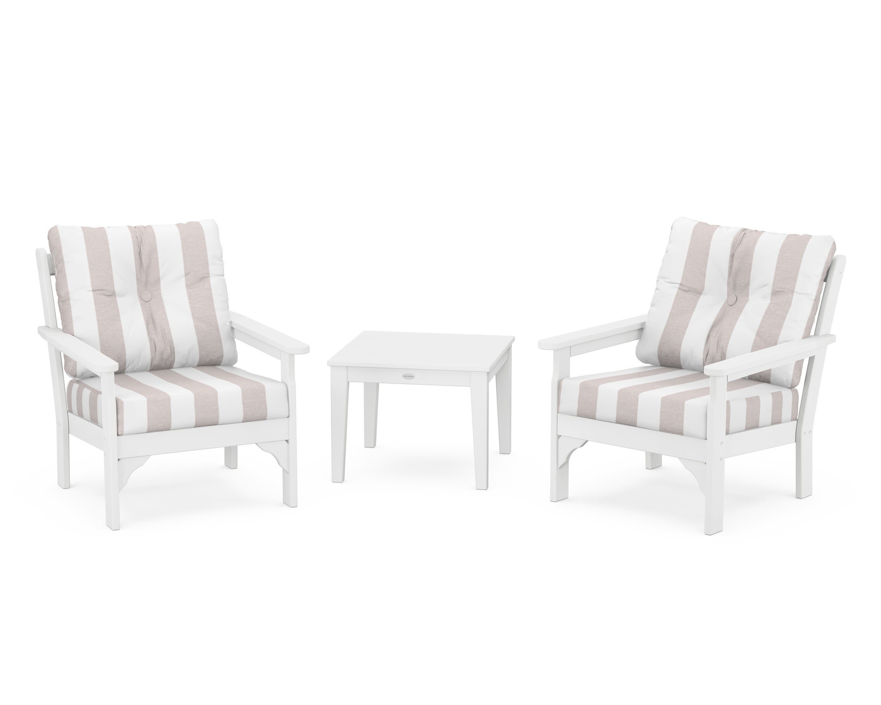 Vineyard 3-Piece Deep Seating Set in White / Cabana Stripe Dune Burlap
