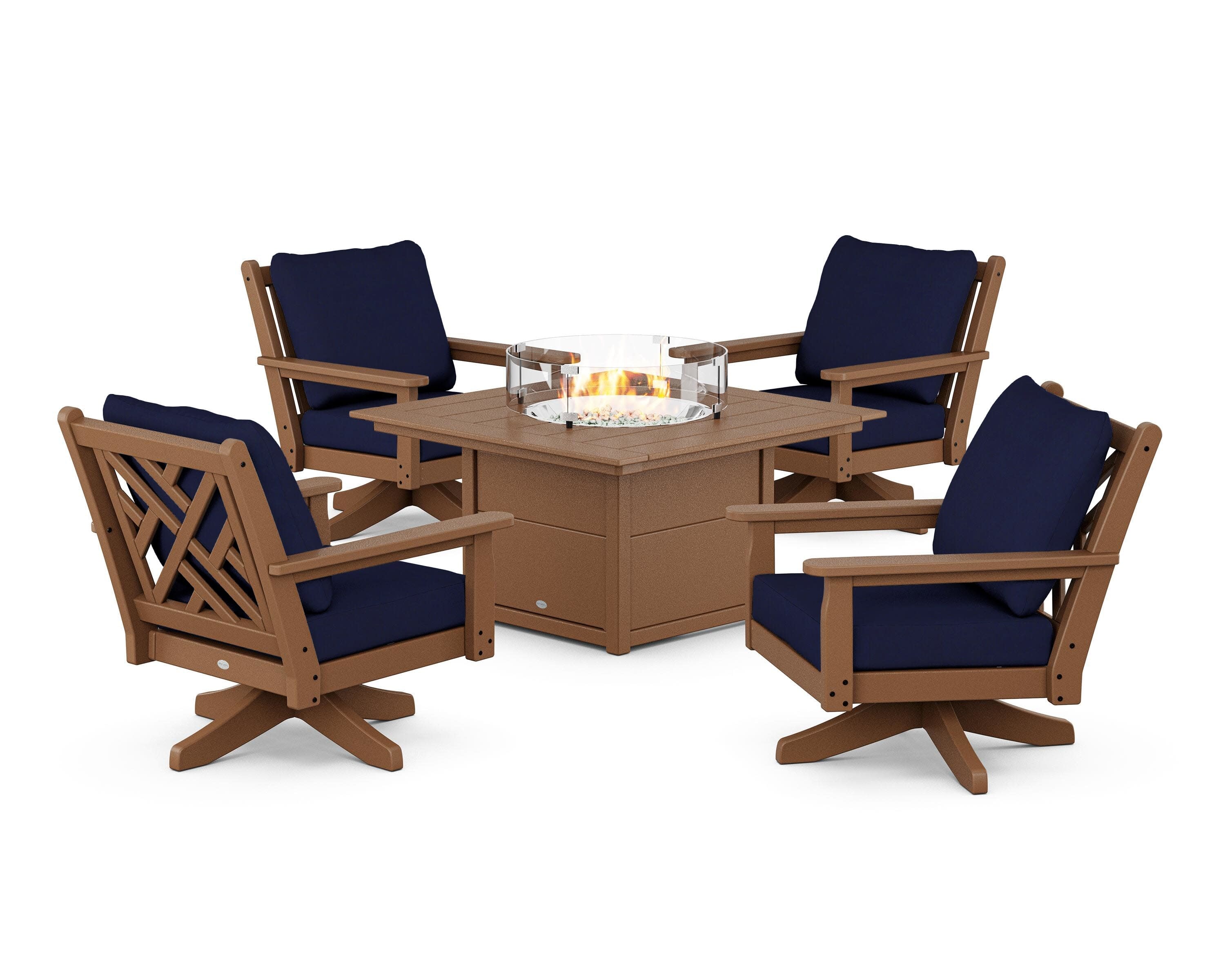Chippendale 5-Piece Deep Seating Swivel Conversation Set with Fire Pit Table in Teak / Navy