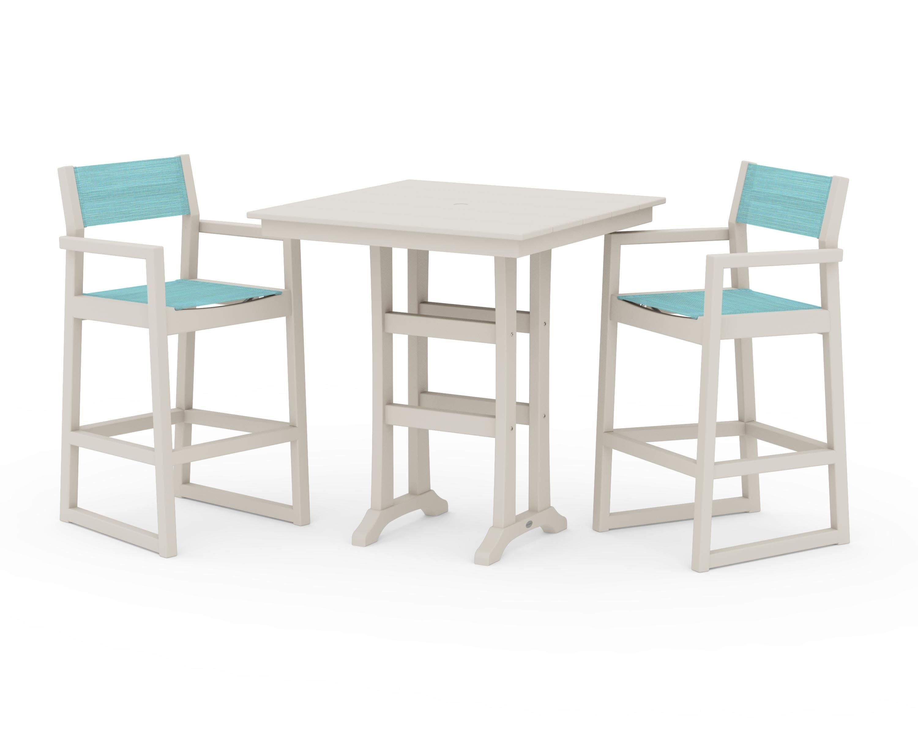 EDGE Sling Arm Chair 3-Piece Farmhouse Bar Set with Trestle Legs in Sand / Dupioni Aquamarine Sling