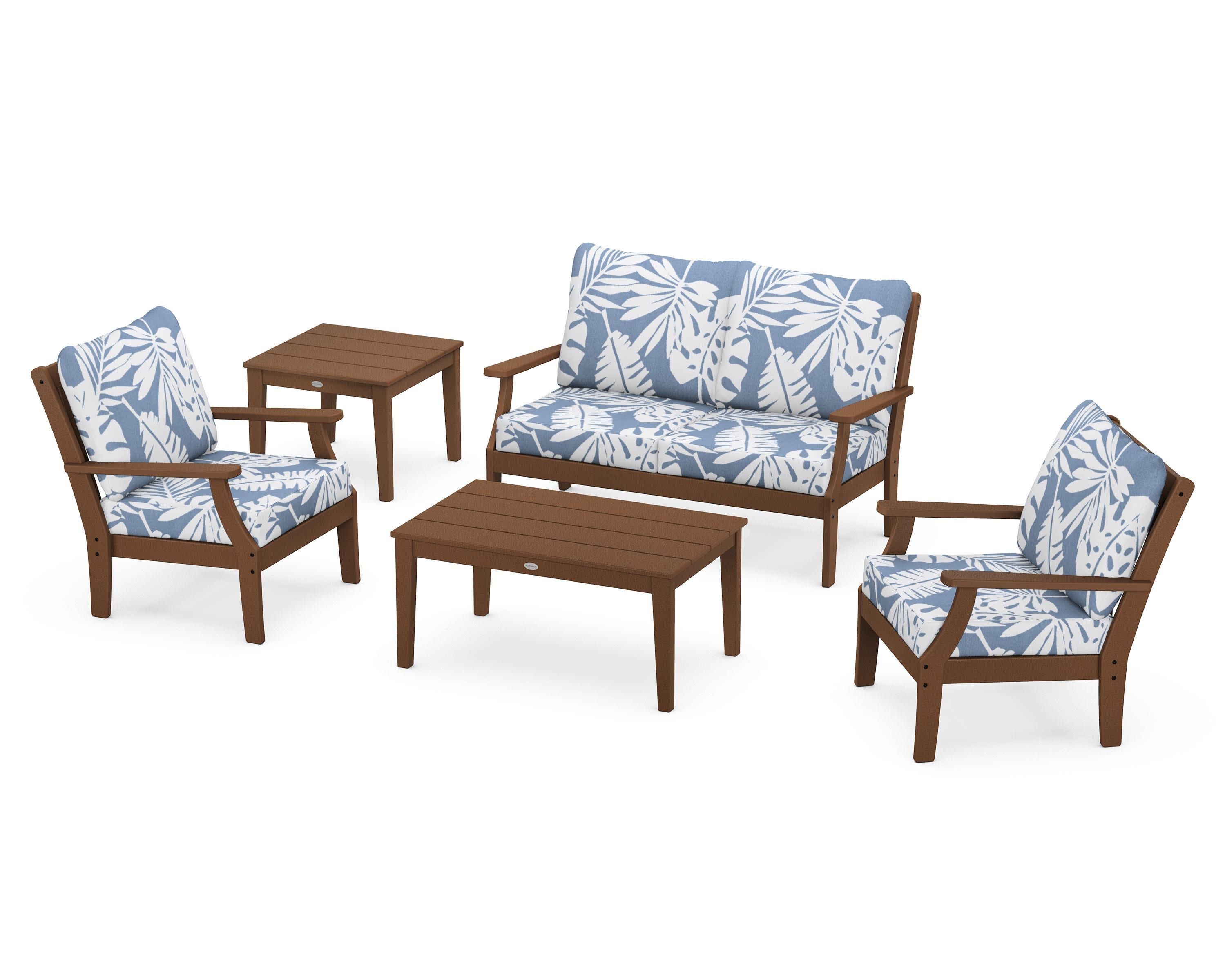 Braxton 5-Piece Deep Seating Set in Teak / Leaf Sky Blue