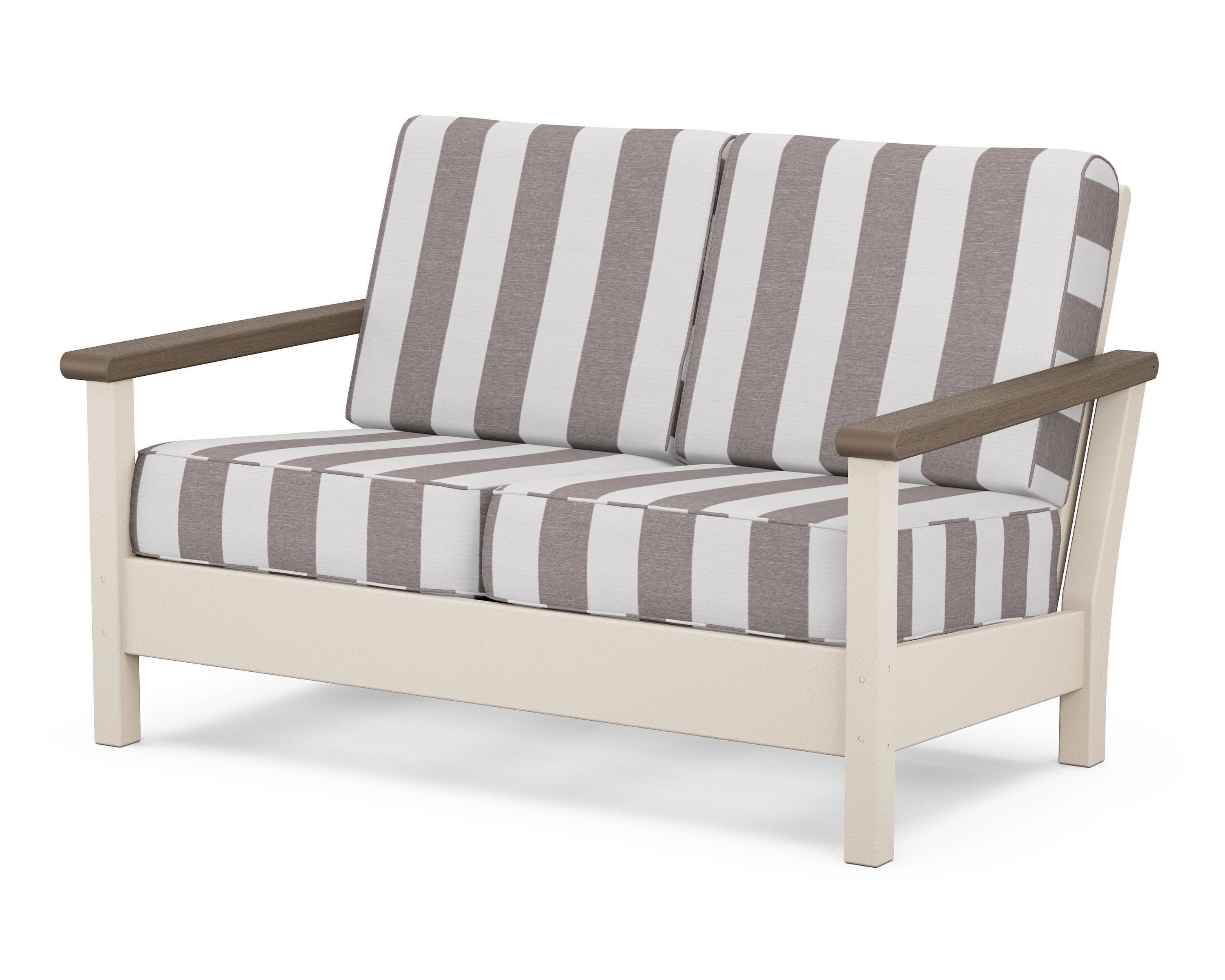 Harbour Deep Seating Loveseat in Sand / Kona / Cabana Stripe Grey Mist