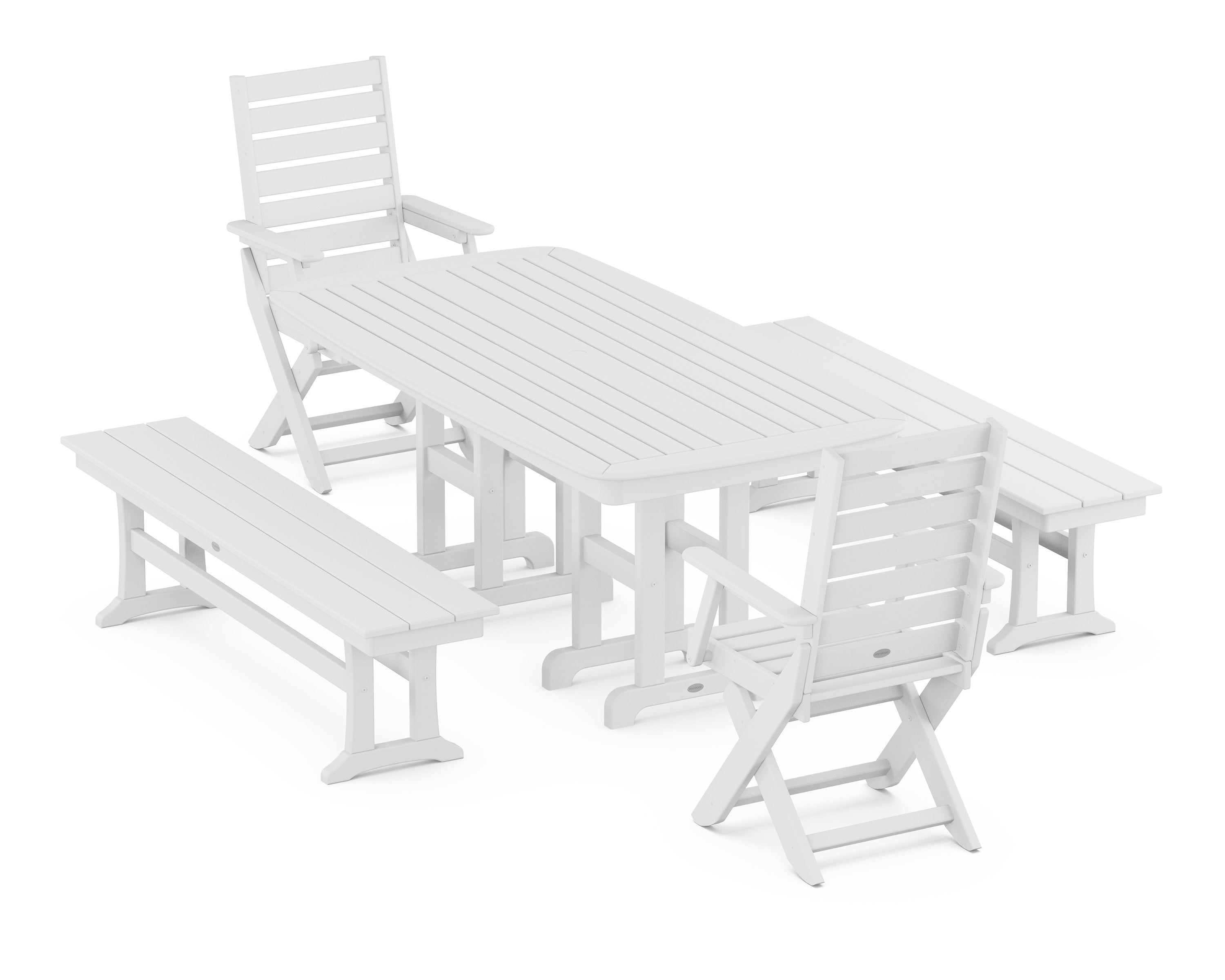 Captain Folding Chair 5-Piece Dining Set with Benches in White
