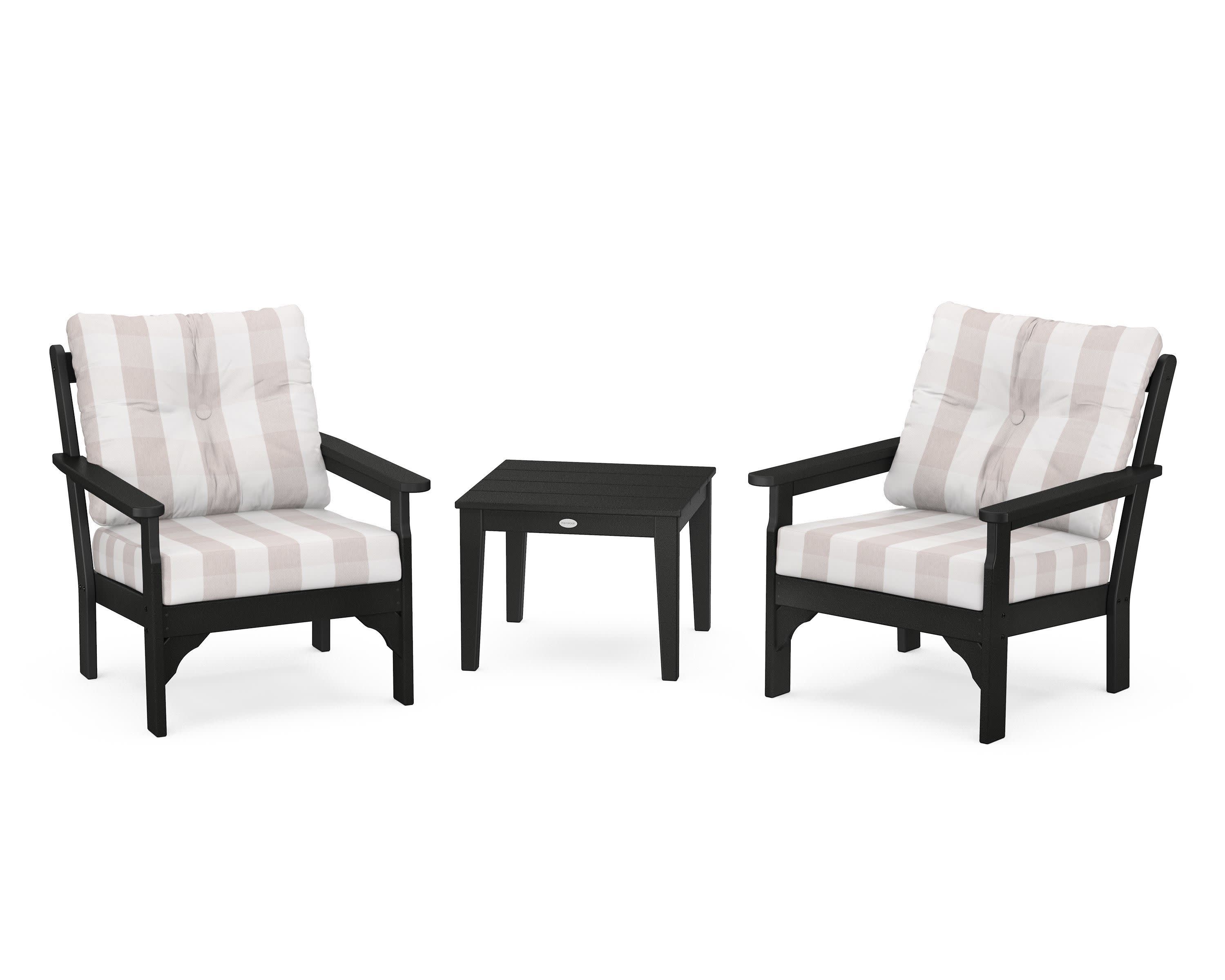 Vineyard 3-Piece Deep Seating Set in Black / Buffalo Plaid Dune Burlap