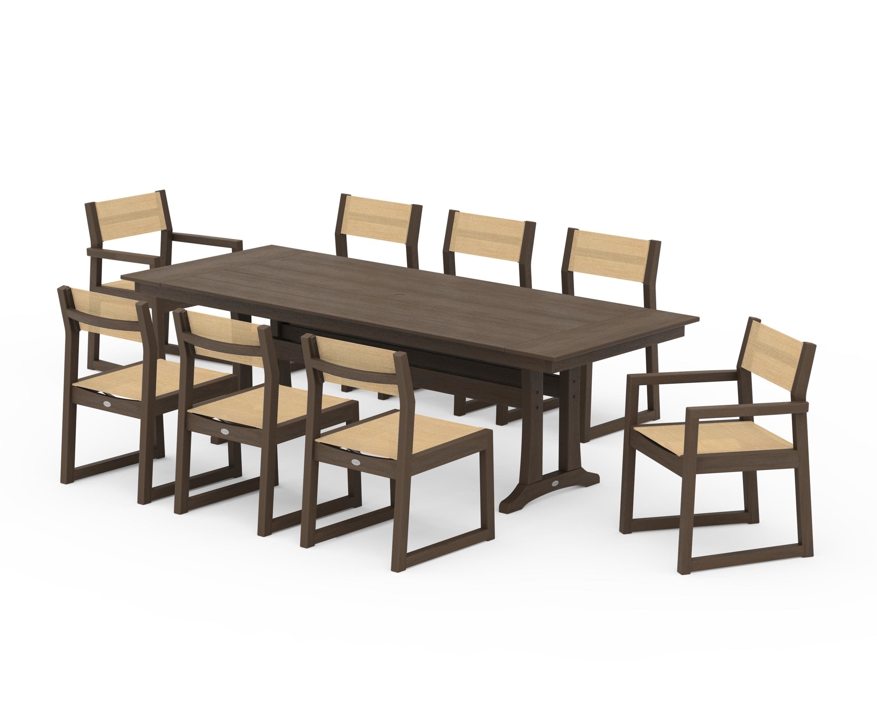 EDGE Sling 9-Piece Farmhouse Trestle Dining Set in Kona / Dupioni Apricot Sling