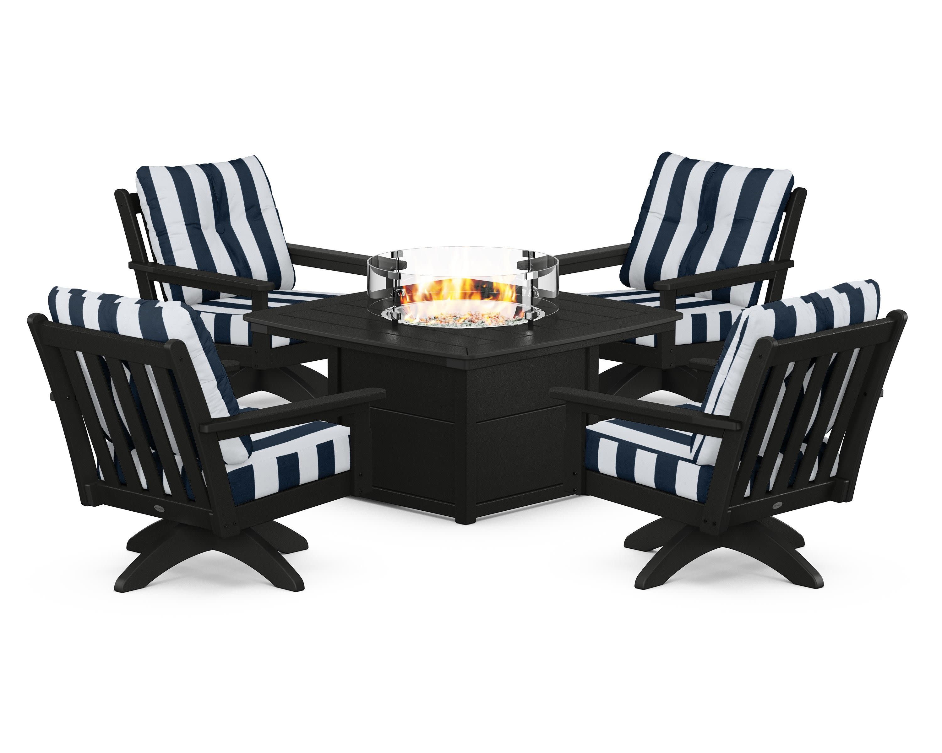 Vineyard 5-Piece Deep Seating Swivel Conversation Set with Fire Pit Table in Black / Cabana Stripe Marine Indigo