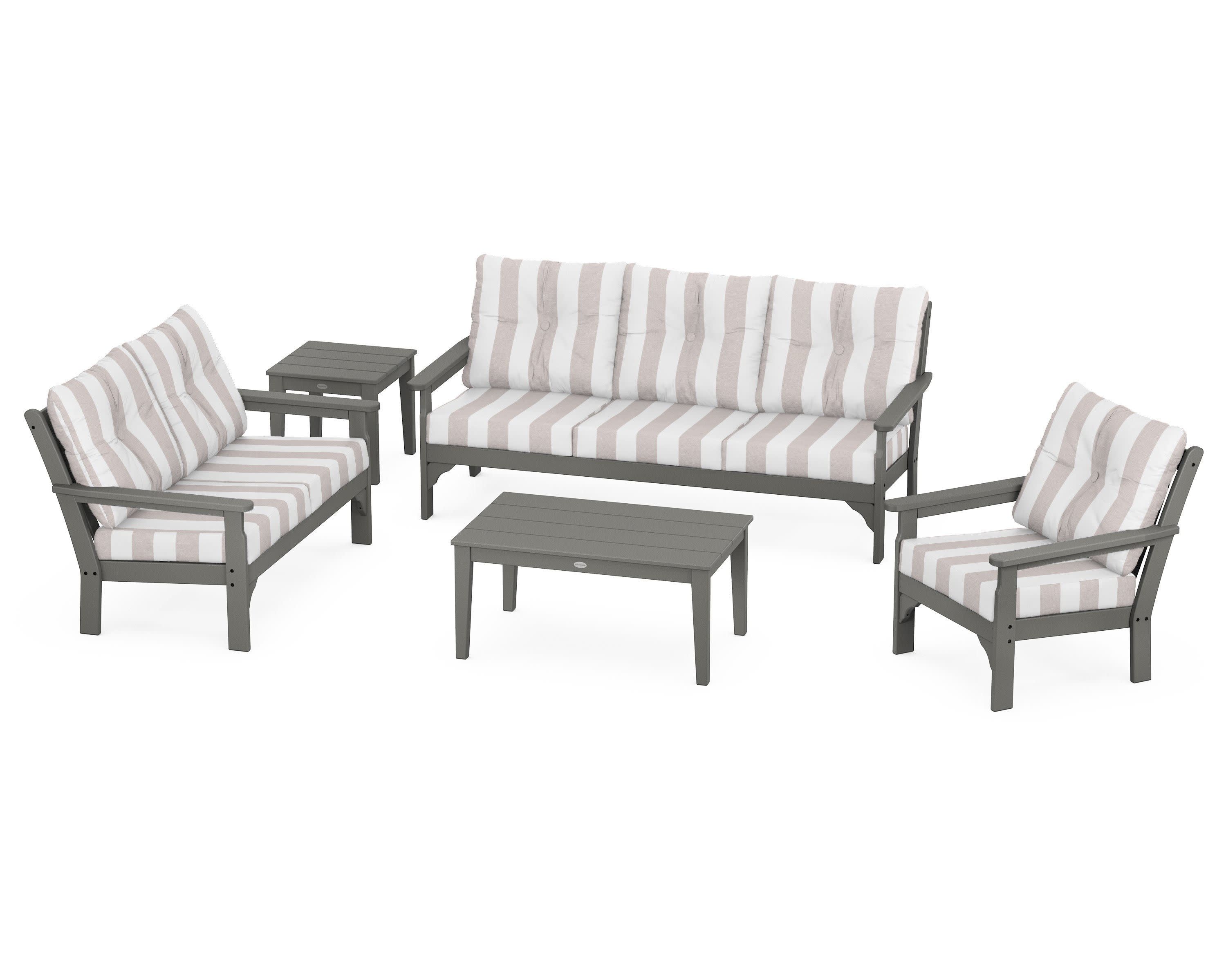 Vineyard 5 Piece Deep Seating Set in Slate Grey / Cabana Stripe Dune Burlap